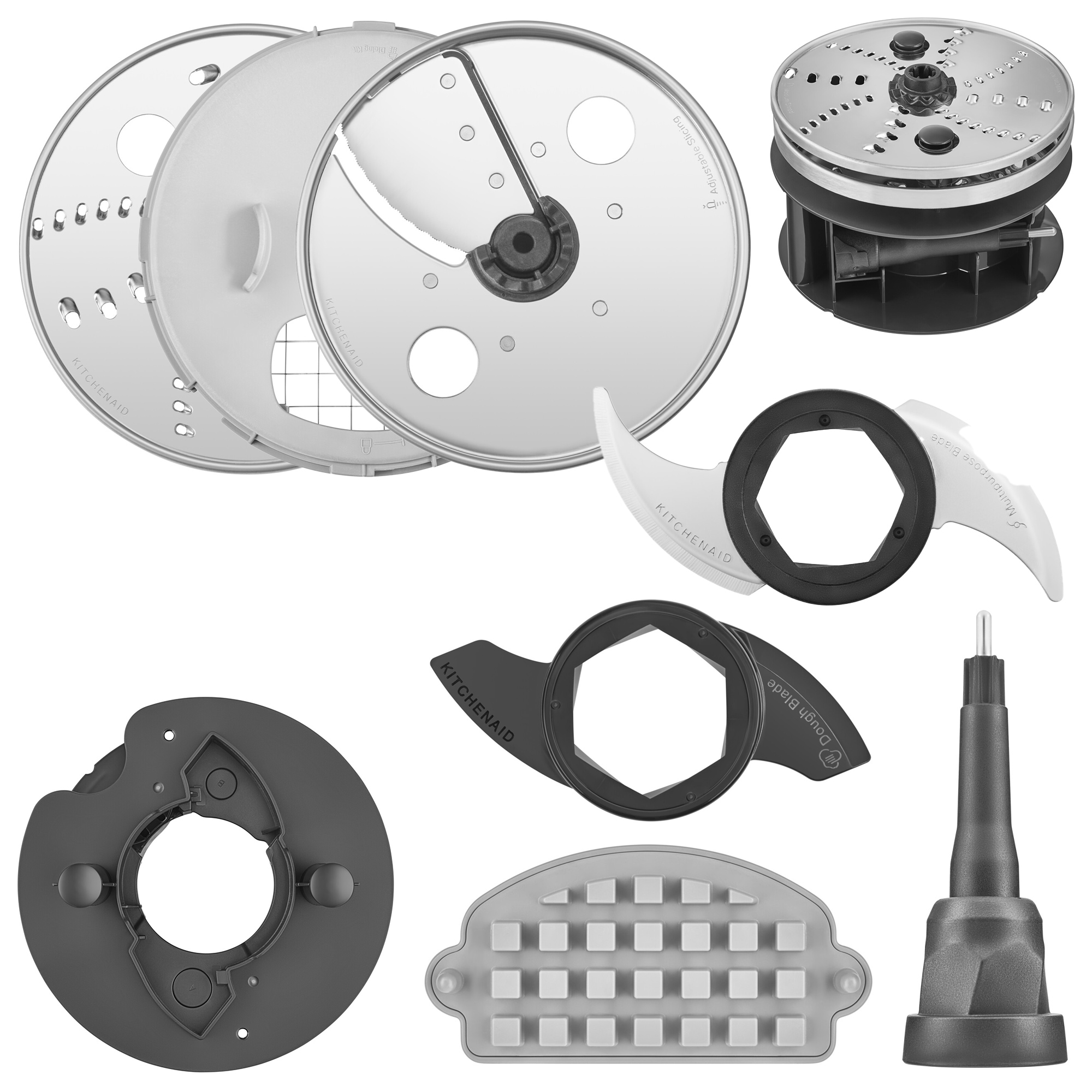 Parti accessorie per robot da cucina: dischi, lame e tritacarne.