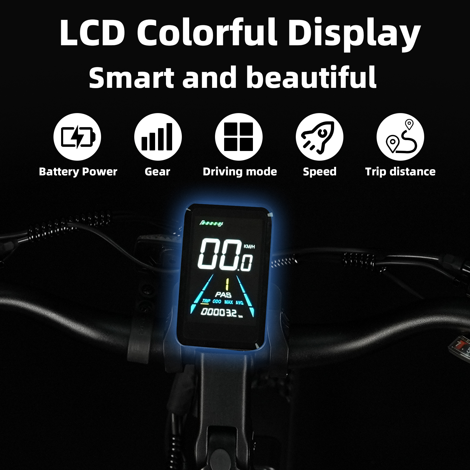 Wyświetlacz roweru elektrycznego: bateria, bieg, tryb, prędkość i dystans.