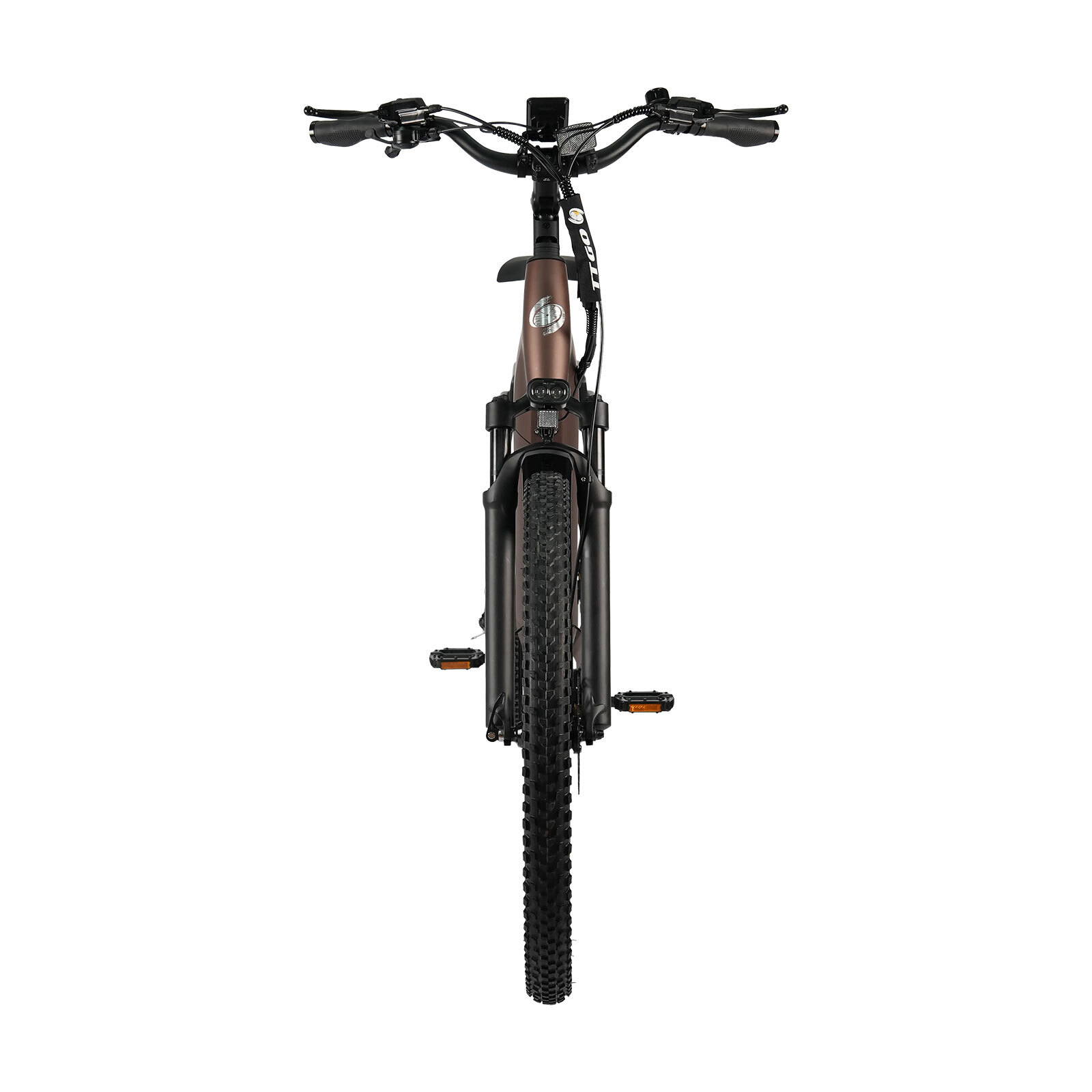 Widok z przodu brązowego roweru elektrycznego z grubymi oponami i amortyzowanym widelcem.