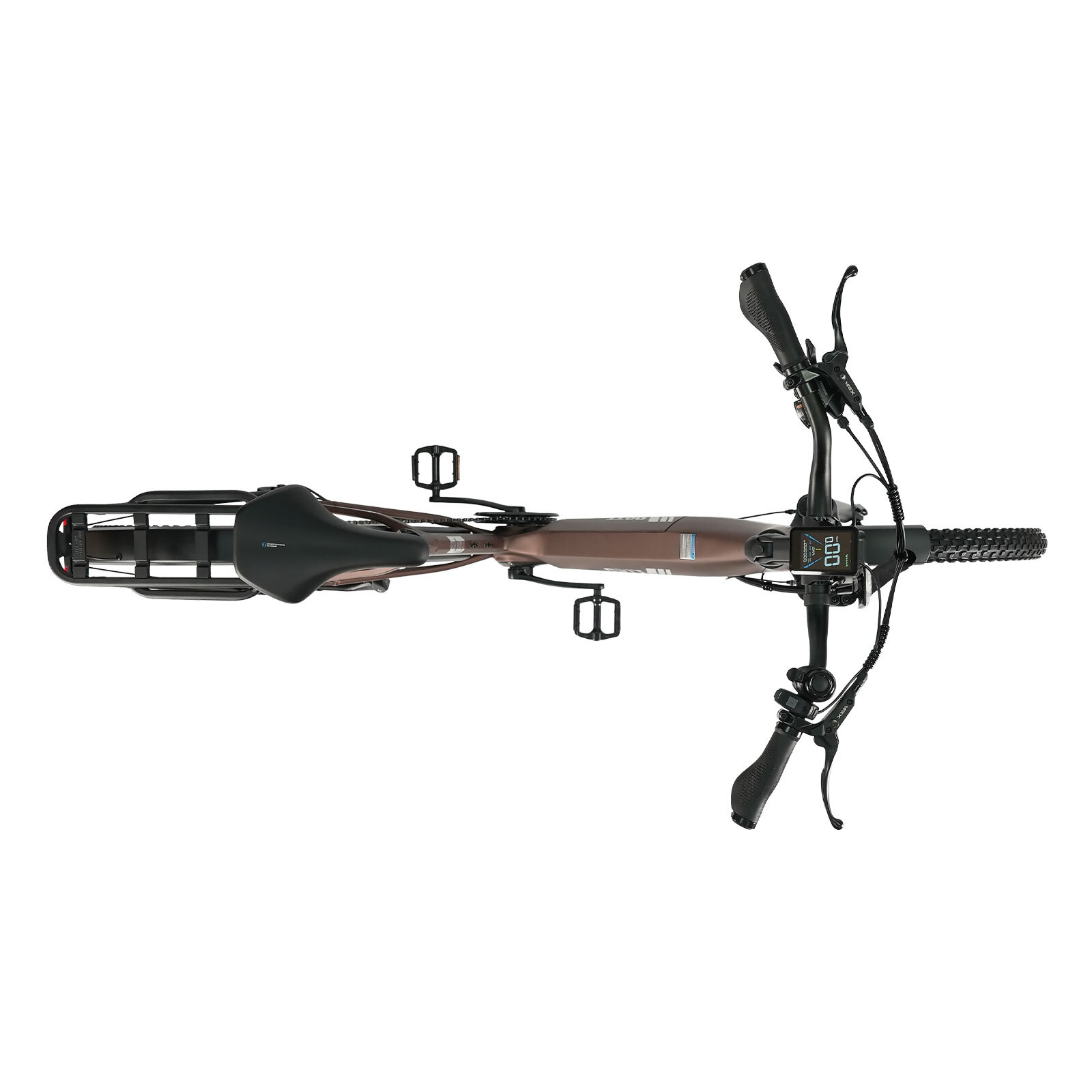 Brązowy rower elektryczny z góry, z bagażnikiem, siodełkiem, kierownicą i wyświetlaczem.