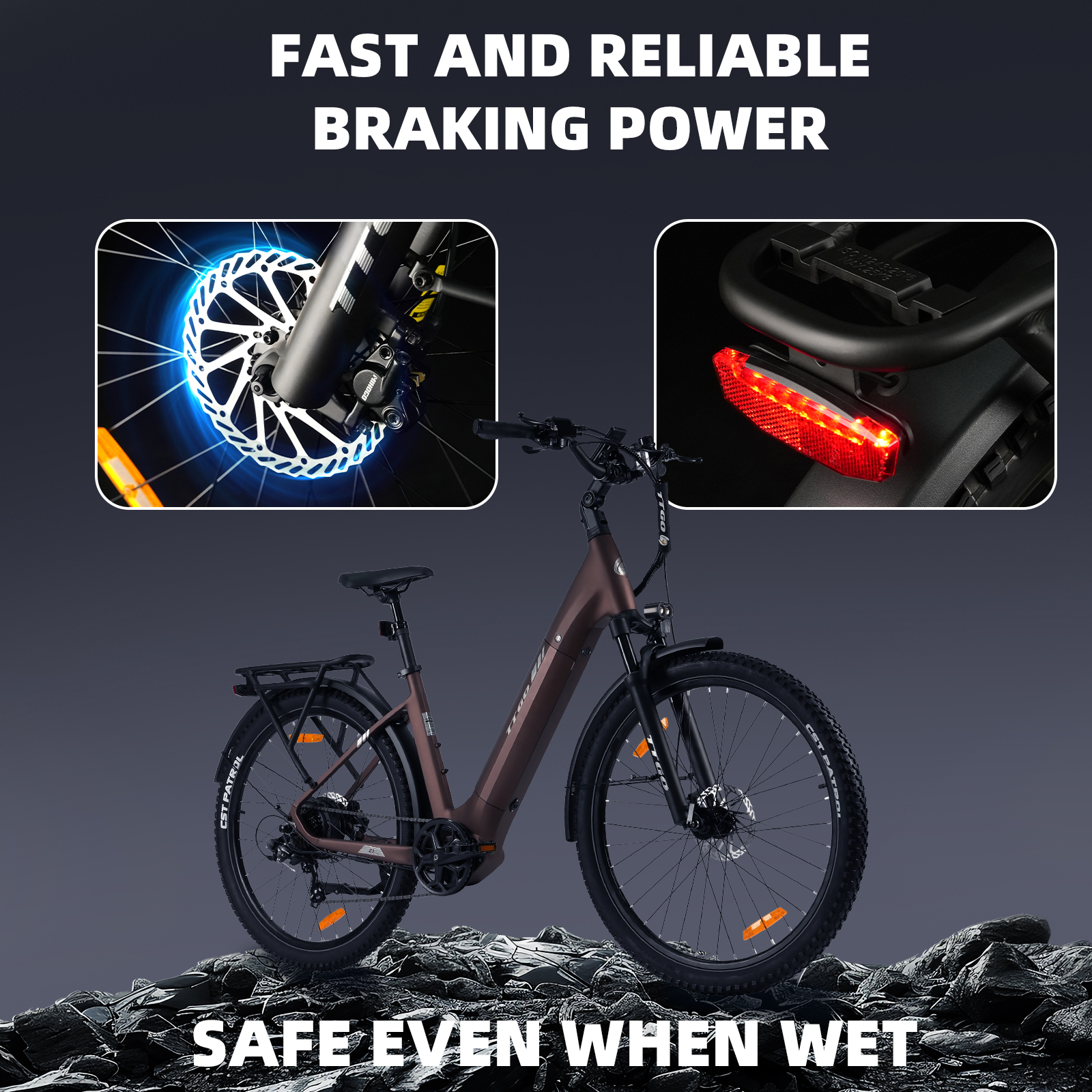 Brązowy e-rower na skałach, z zbliżeniami tarczy hamulcowej i tylnego światła.