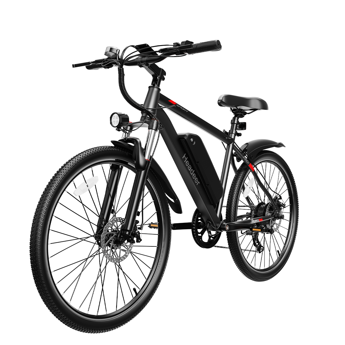 Czarny rower elektryczny z amortyzatorem przednim, akumulatorem i światłem.