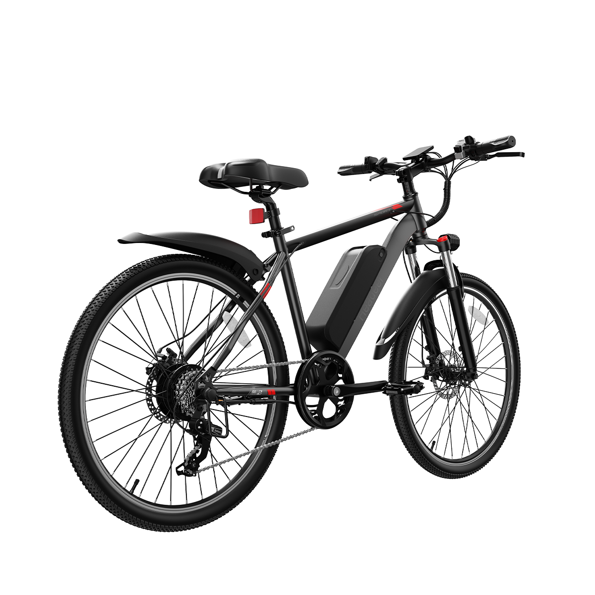 Czarny rower elektryczny z baterią i błotnikami, wyizolowany na białym tle.