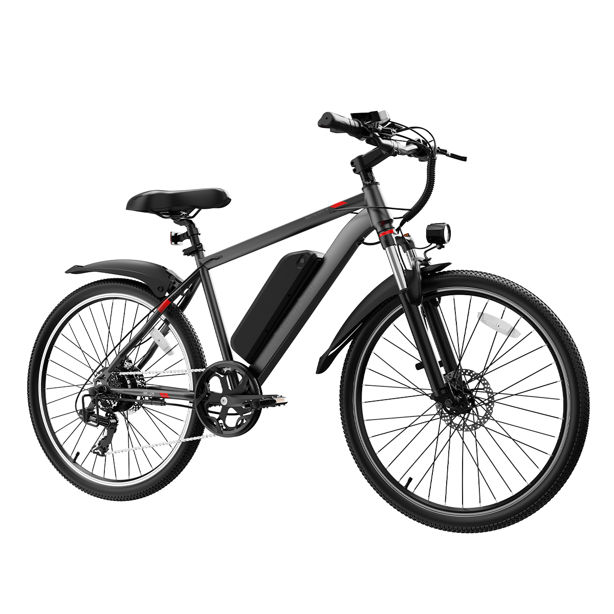 Czarny rower elektryczny z amortyzowanym widelcem, błotnikami i baterią na rurze dolnej.