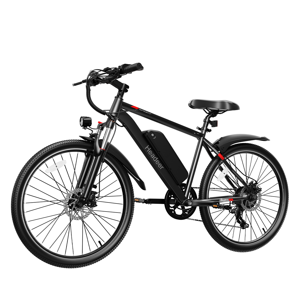 Czarny rower elektryczny z amortyzowanym widelcem, błotnikiem i baterią.