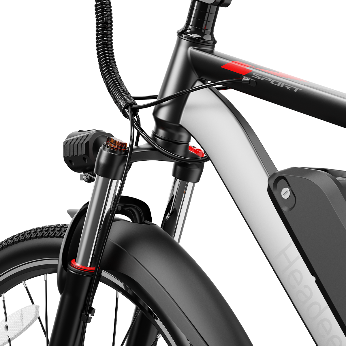 Zbliżenie czarnego roweru elektrycznego z amortyzacją, światłem i baterią.