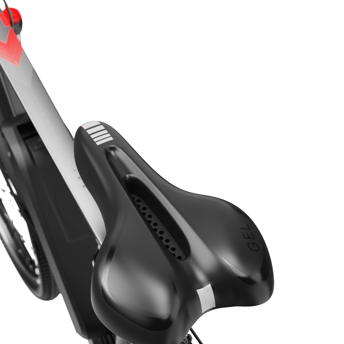 Zbliżenie czarnego siodełka rowerowego z napisem GEL.