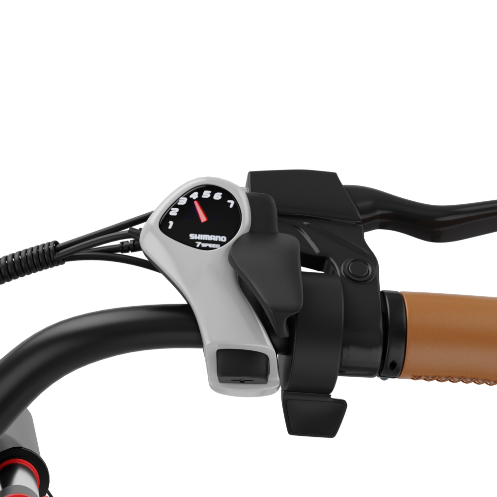 Kierownica roweru z manetką zmiany biegów i dźwignią hamulca. Wskaźnik biegów pokazuje 3.