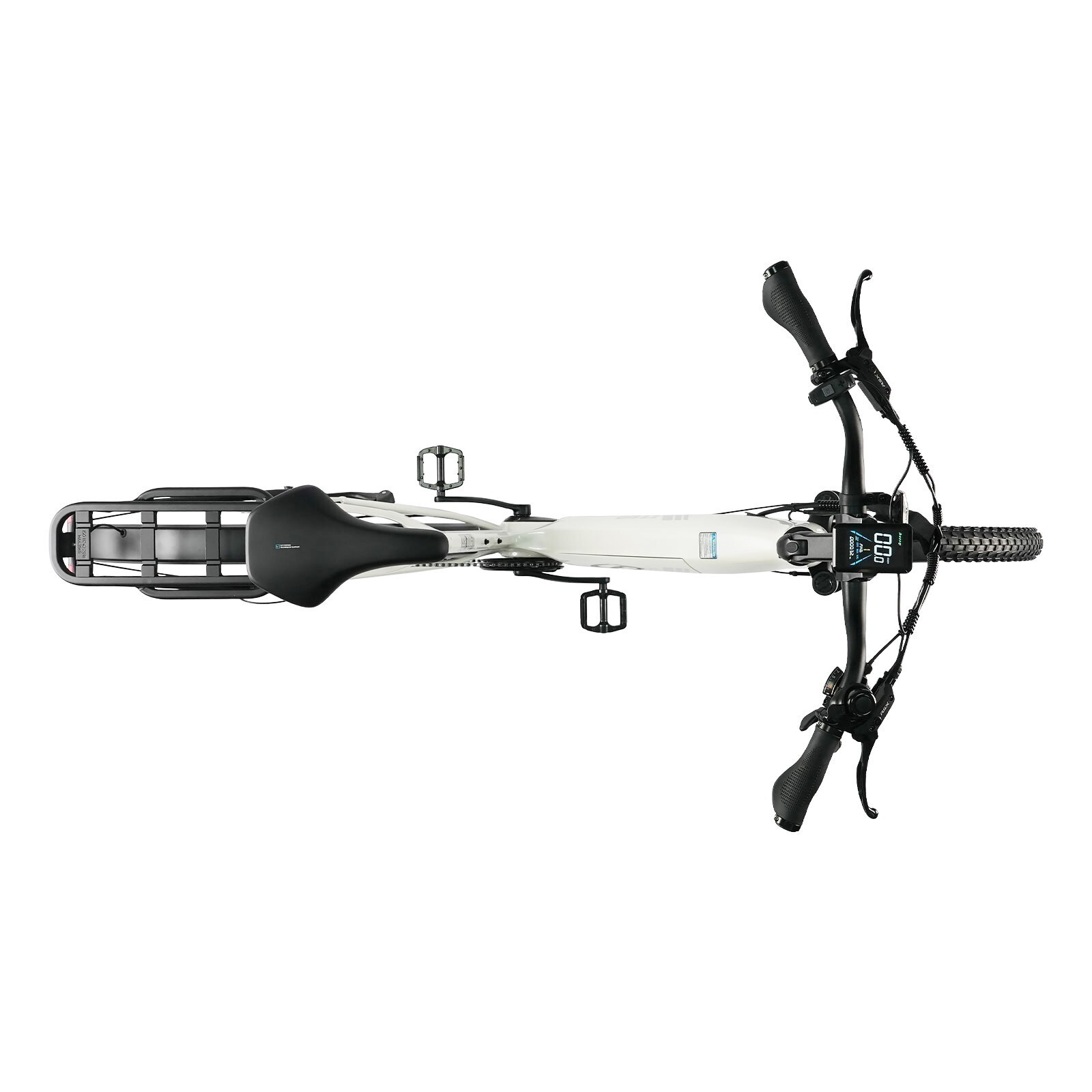 Widok z góry białego roweru z czarnym siodełkiem, bagażnikiem i kierownicą.