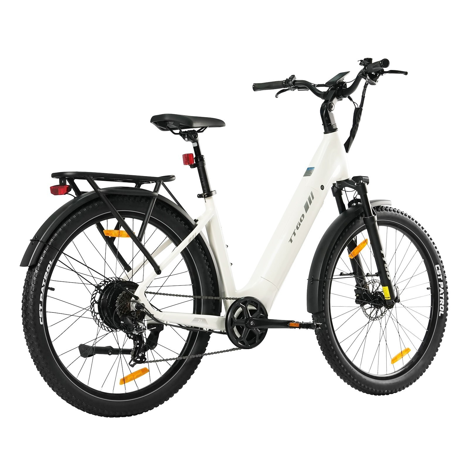 Biały rower elektryczny z czarnymi oponami, bagażnikiem i błotnikami.