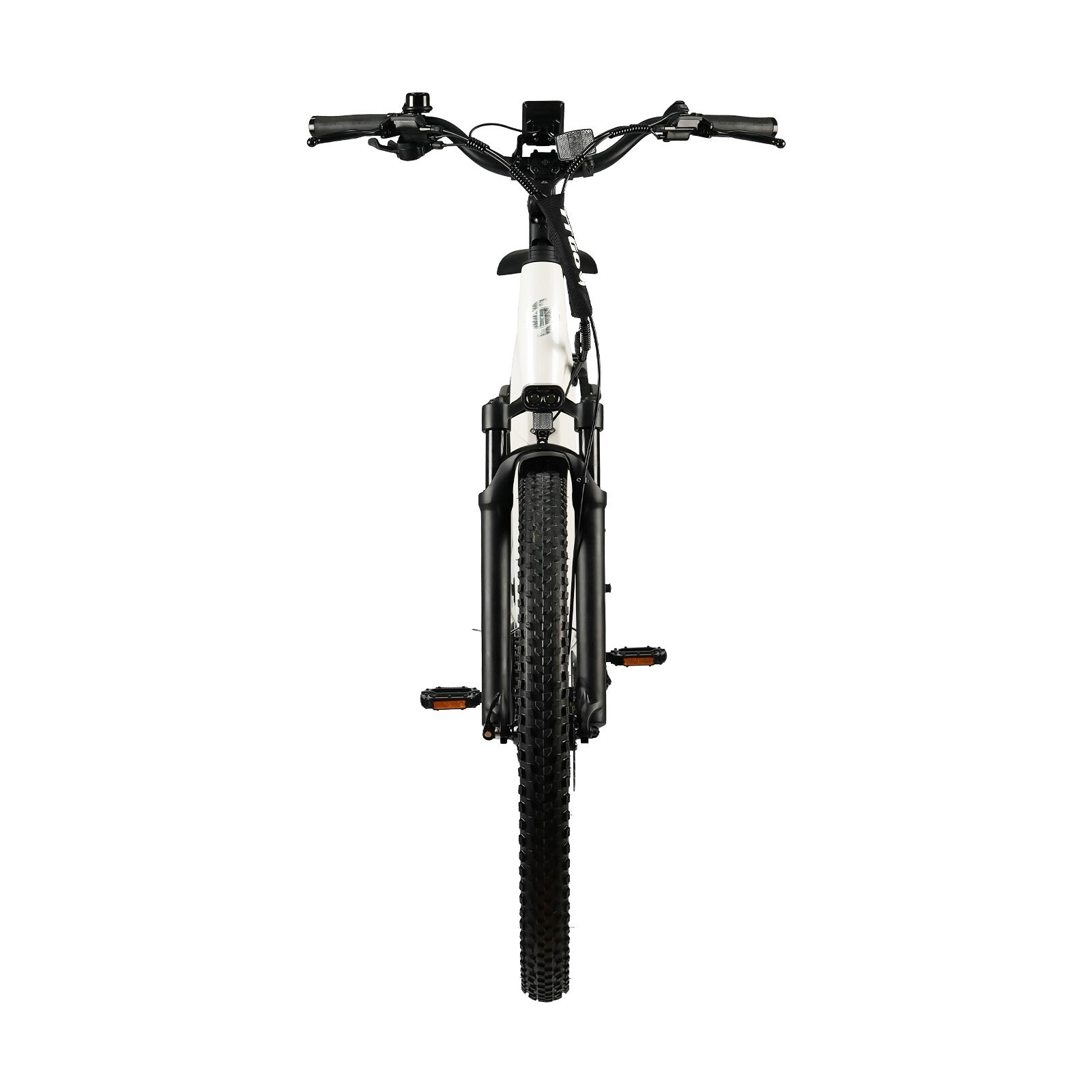 Biały rower górski elektryczny z czarnymi oponami i kierownicą, widok od przodu.