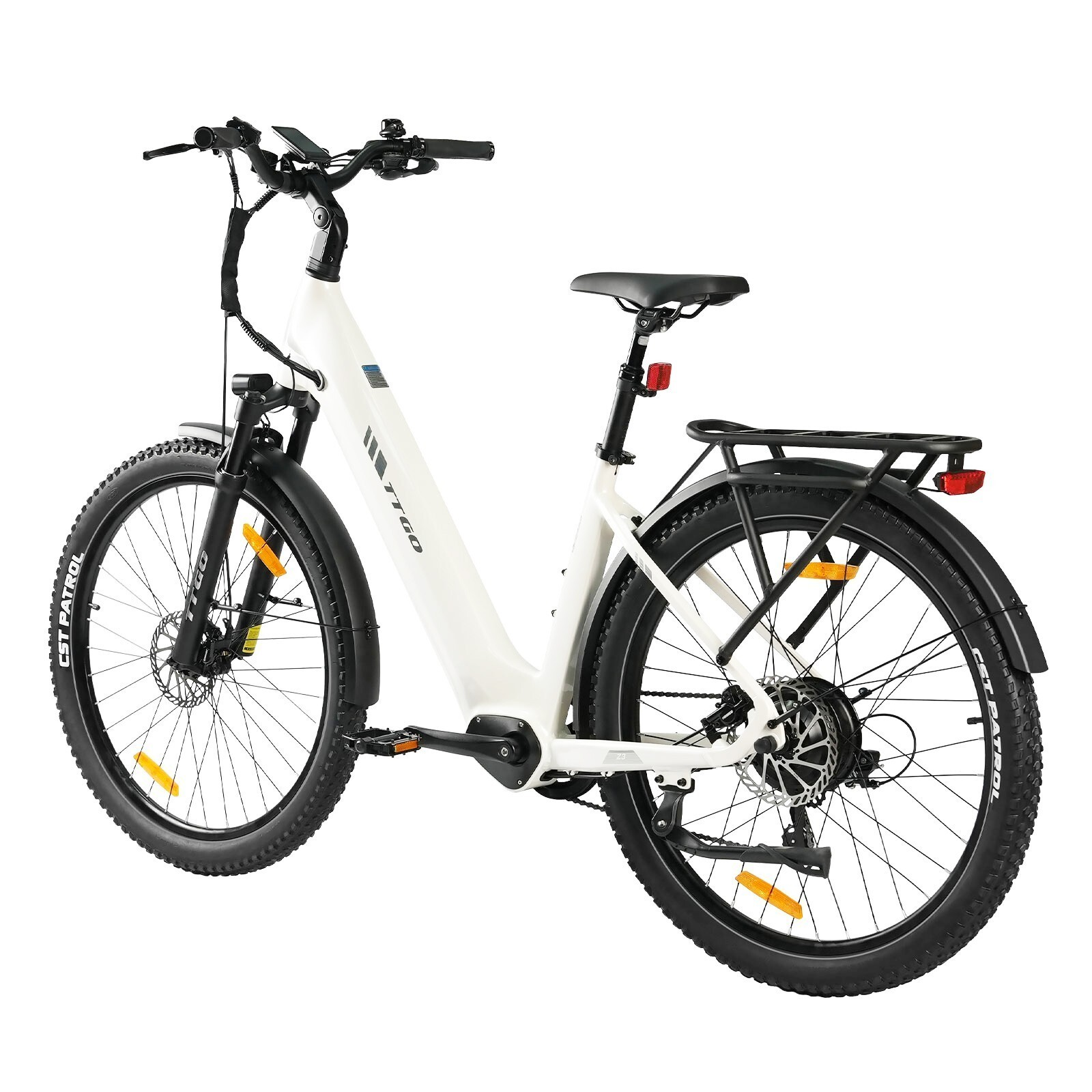 Biały rower elektryczny z czarnymi oponami, widelcem i bagażnikiem.