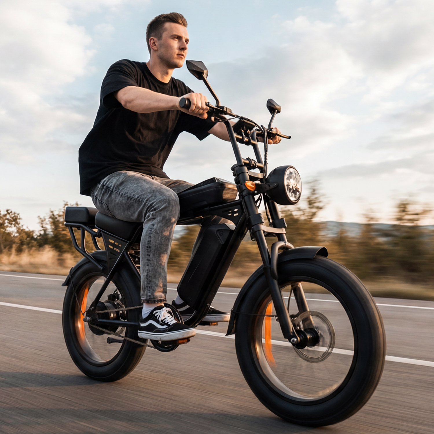 Mężczyzna jedzie czarnym rowerem elektrycznym po drodze z drzewami w tle.