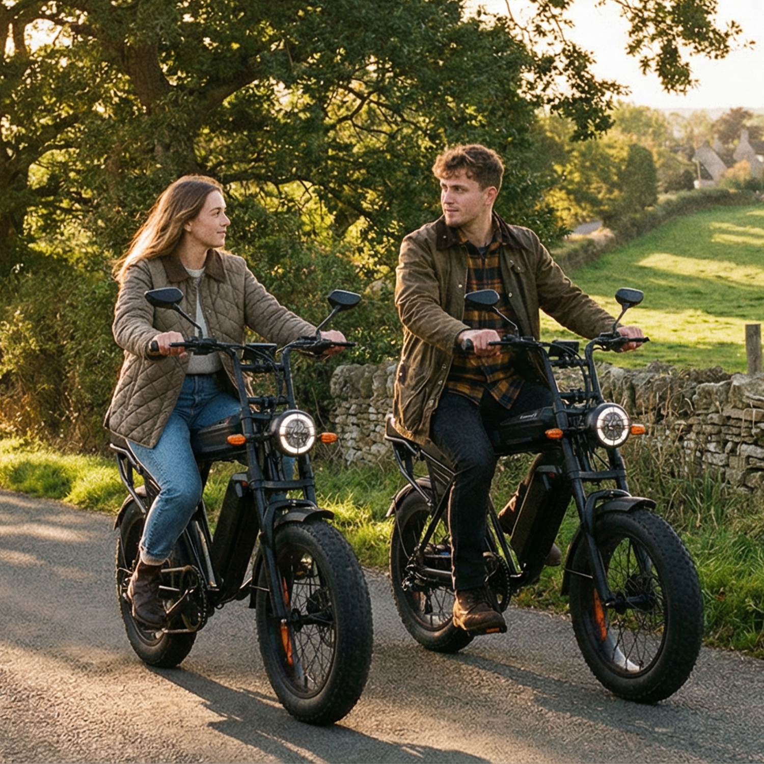 Mężczyzna i kobieta jadą na czarnych e-rowerach po wiejskiej drodze. Drzewa i kamienny mur otaczają słoneczną ścieżkę.
