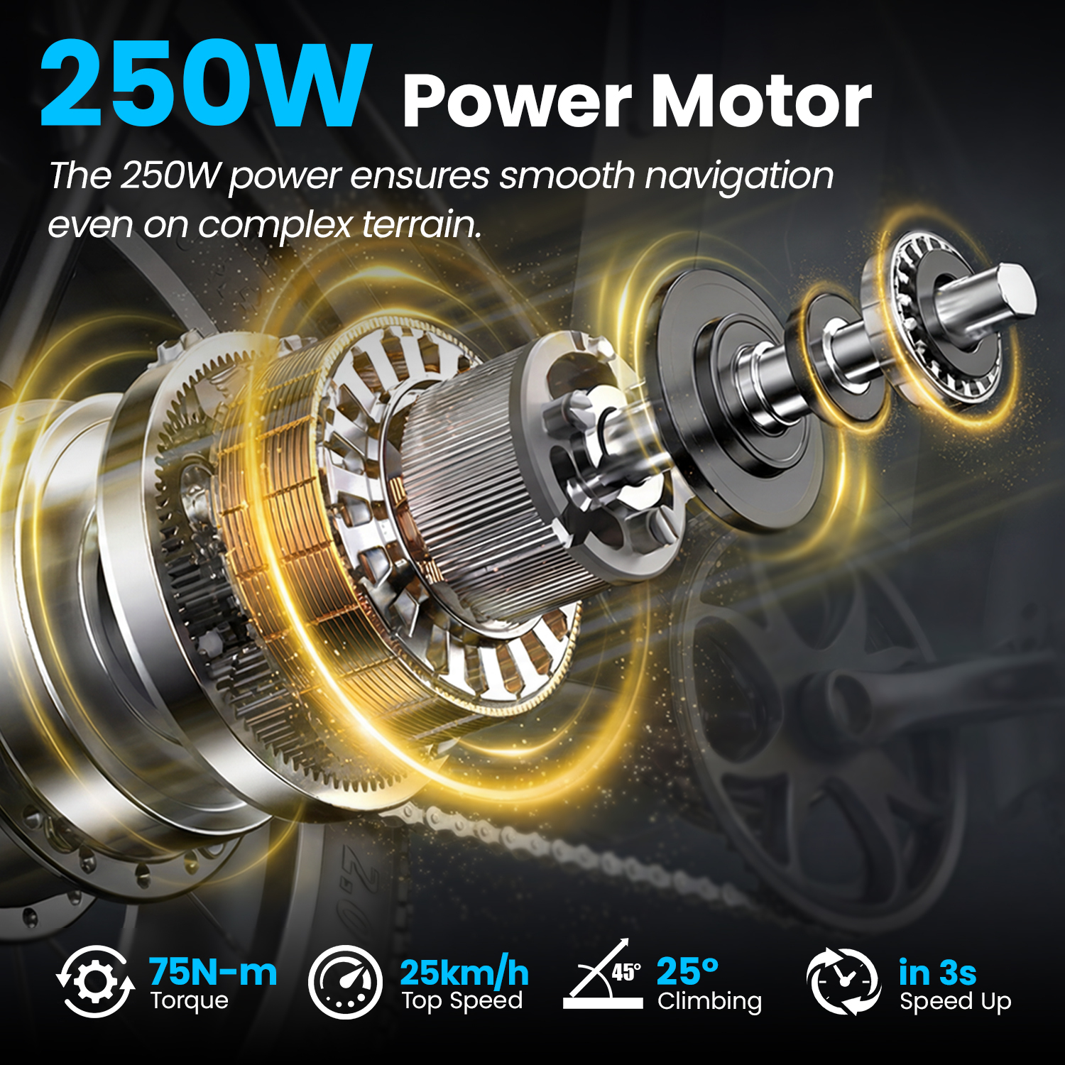 Szczegółowy widok silnika 250W ze zębatkami, łańcuchem i specyfikacjami.