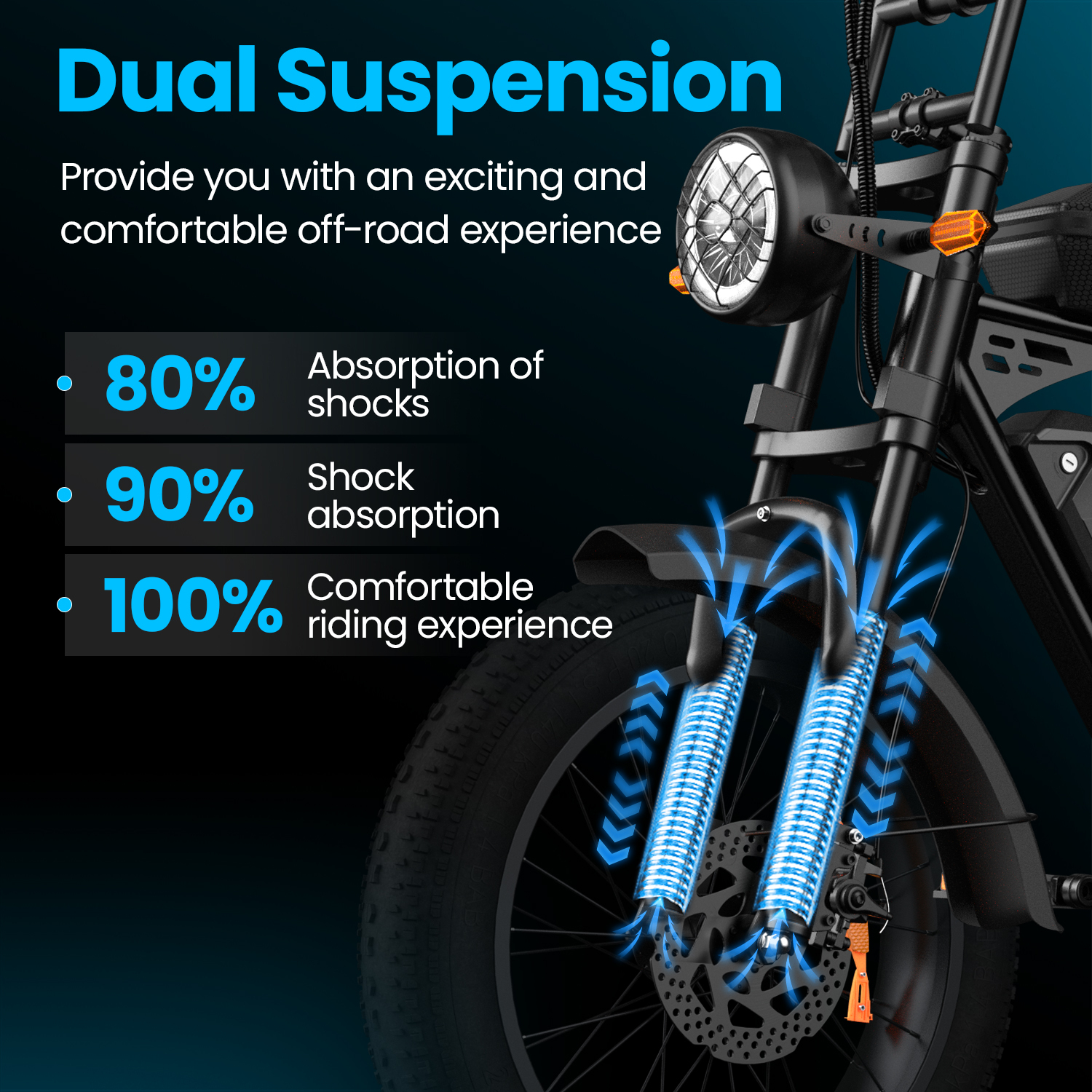 Czarny rower z podwójnym zawieszeniem, pokazujący niebieskie strzałki wskazujące amortyzację.