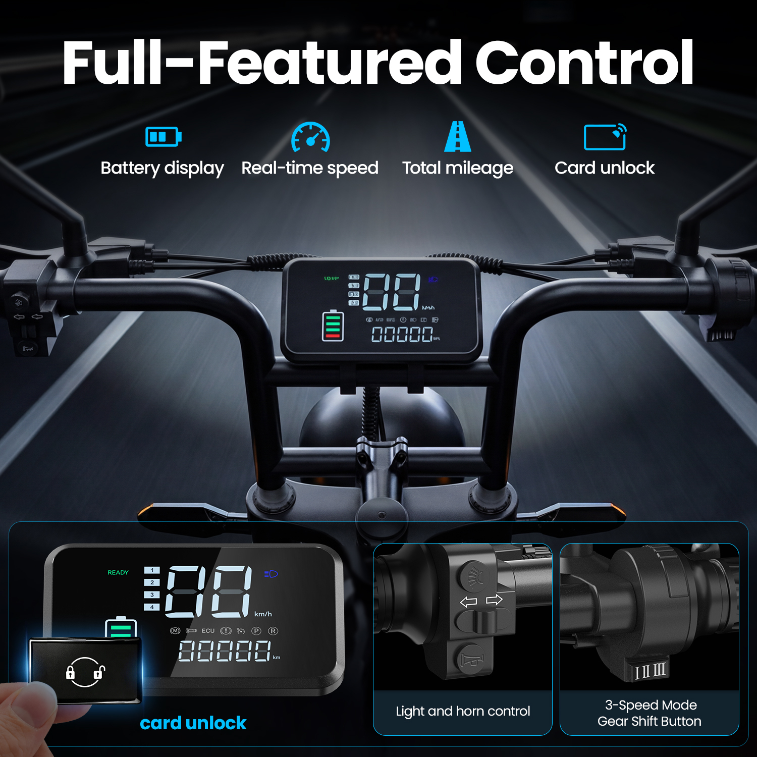Wyświetlacz motocykla pokazujący baterię, prędkość, przebieg i kontrolki. Odblokowanie kartą.