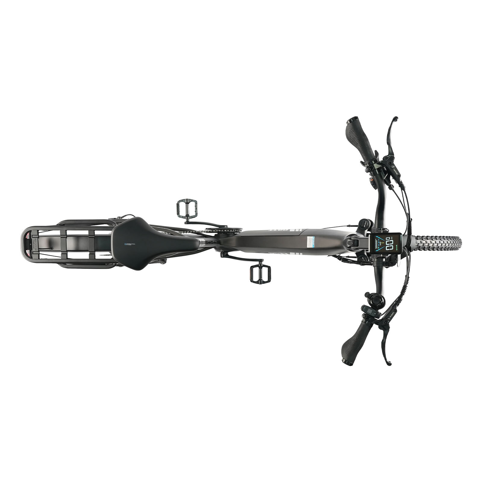 Szary rower elektryczny z góry: kierownica, wyświetlacz, siodełko, bagażnik, korby i pedały.