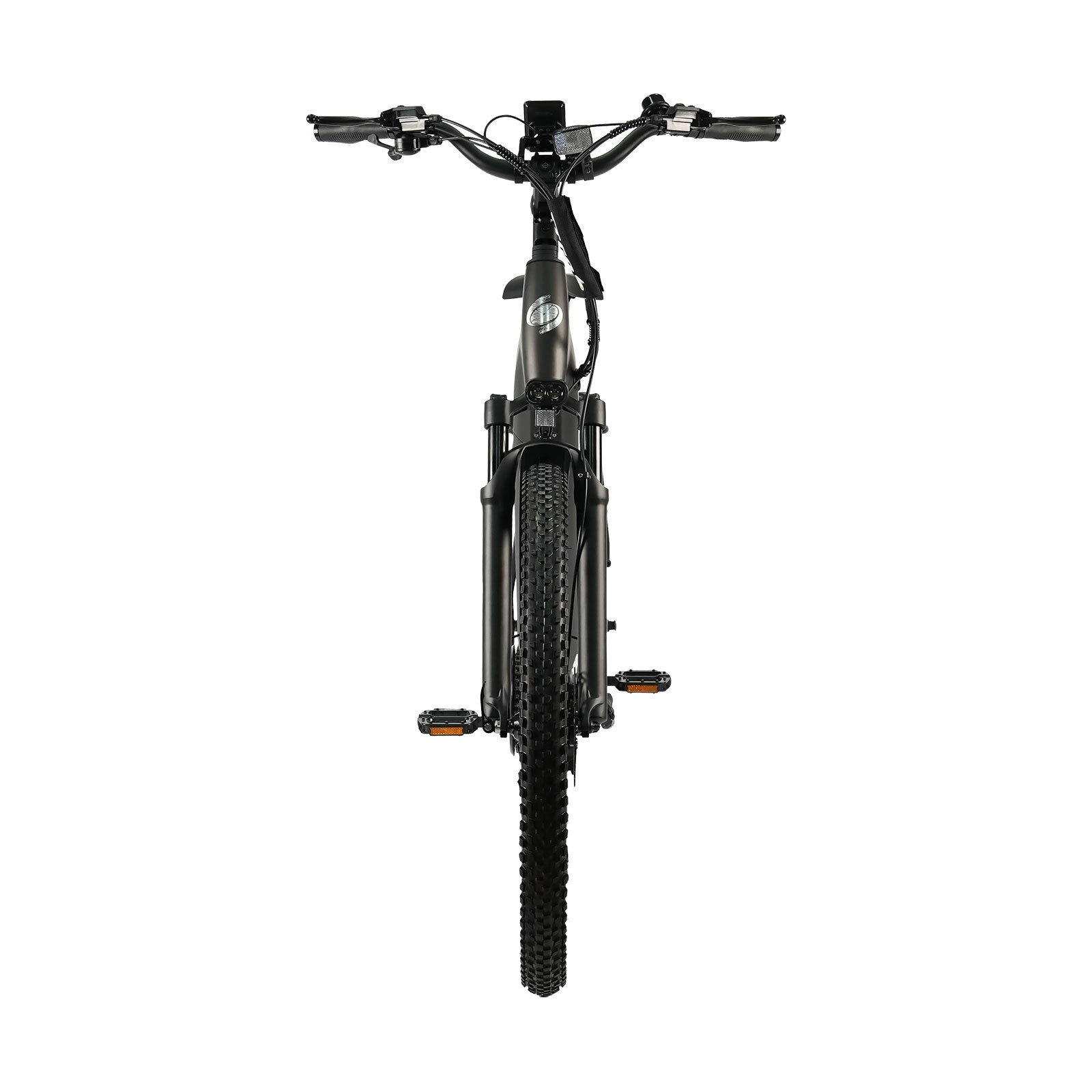 Czarny rower elektryczny z przodu, z szerokimi oponami i amortyzatorem.