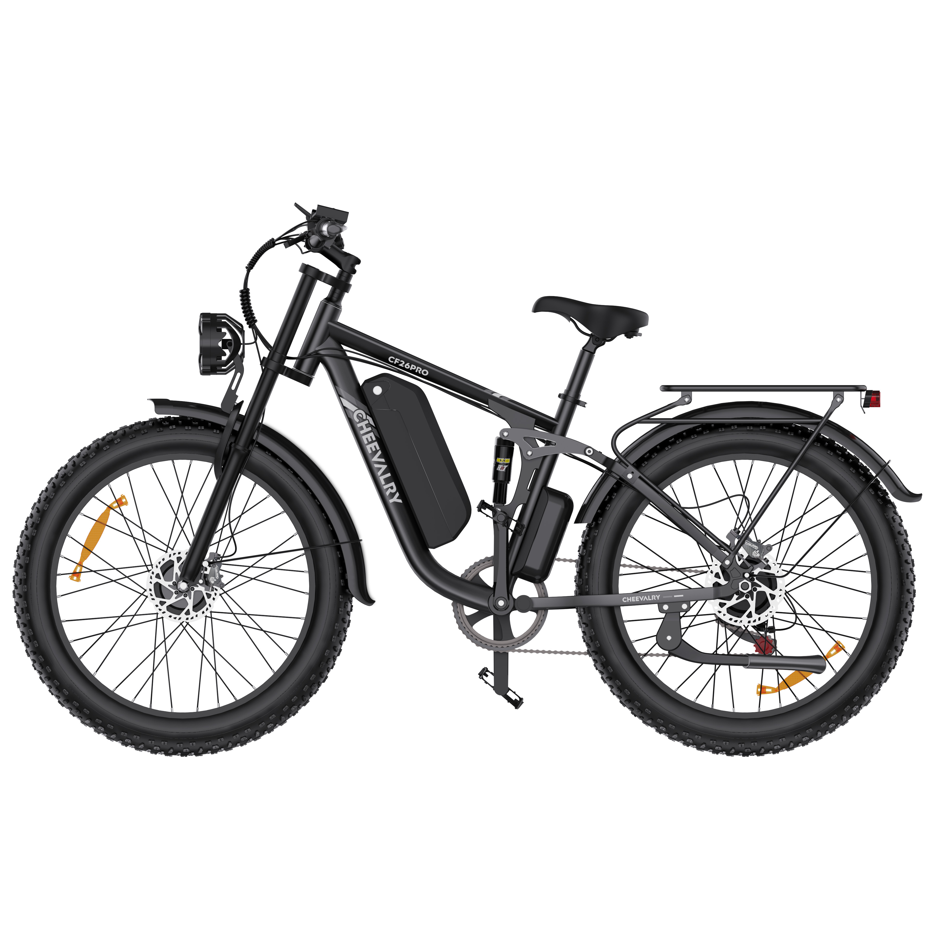 Czarny rower elektryczny z grubymi oponami, amortyzacją i bagażnikiem.
