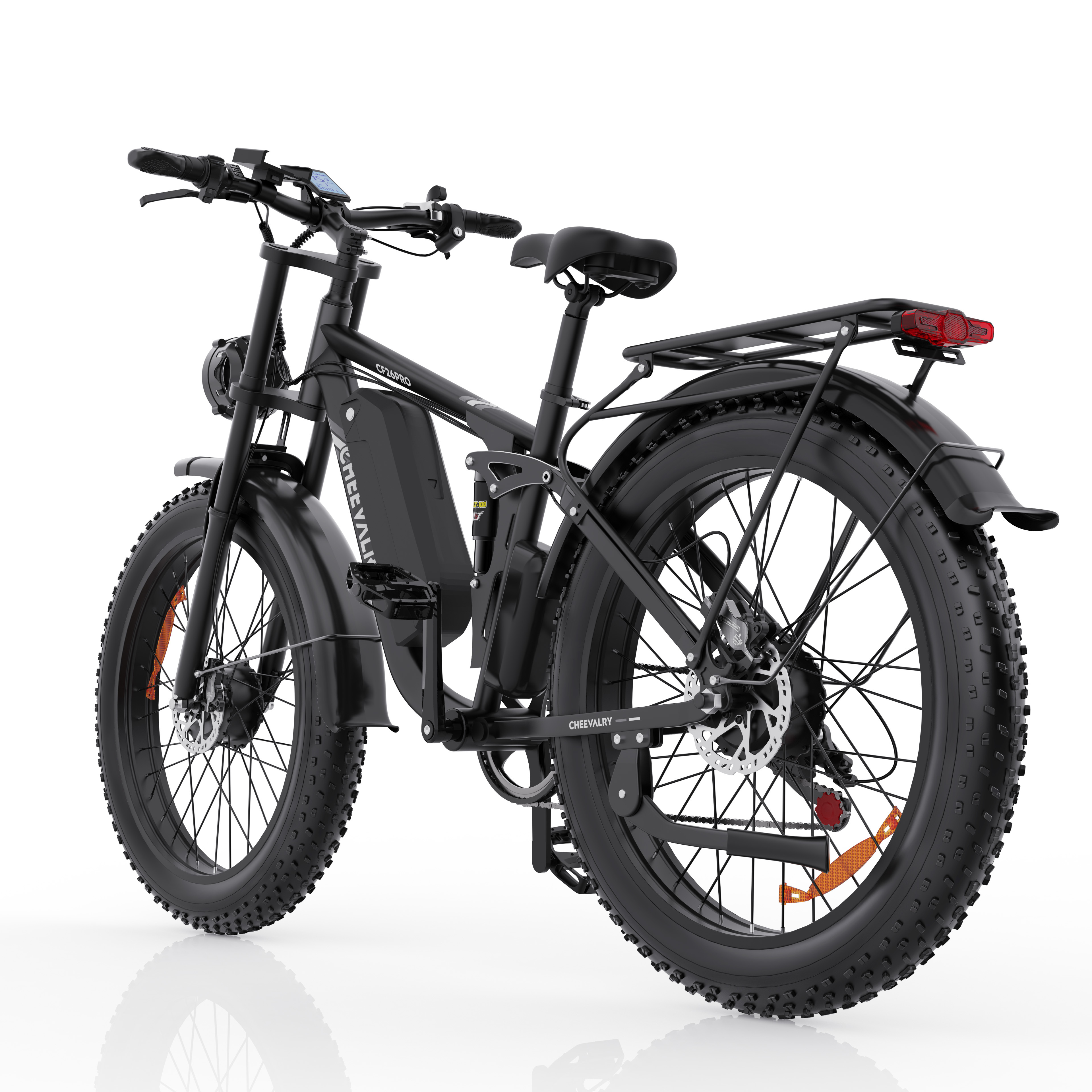 Czarny rower elektryczny z grubymi oponami, bagażnikiem i tylnym światłem.