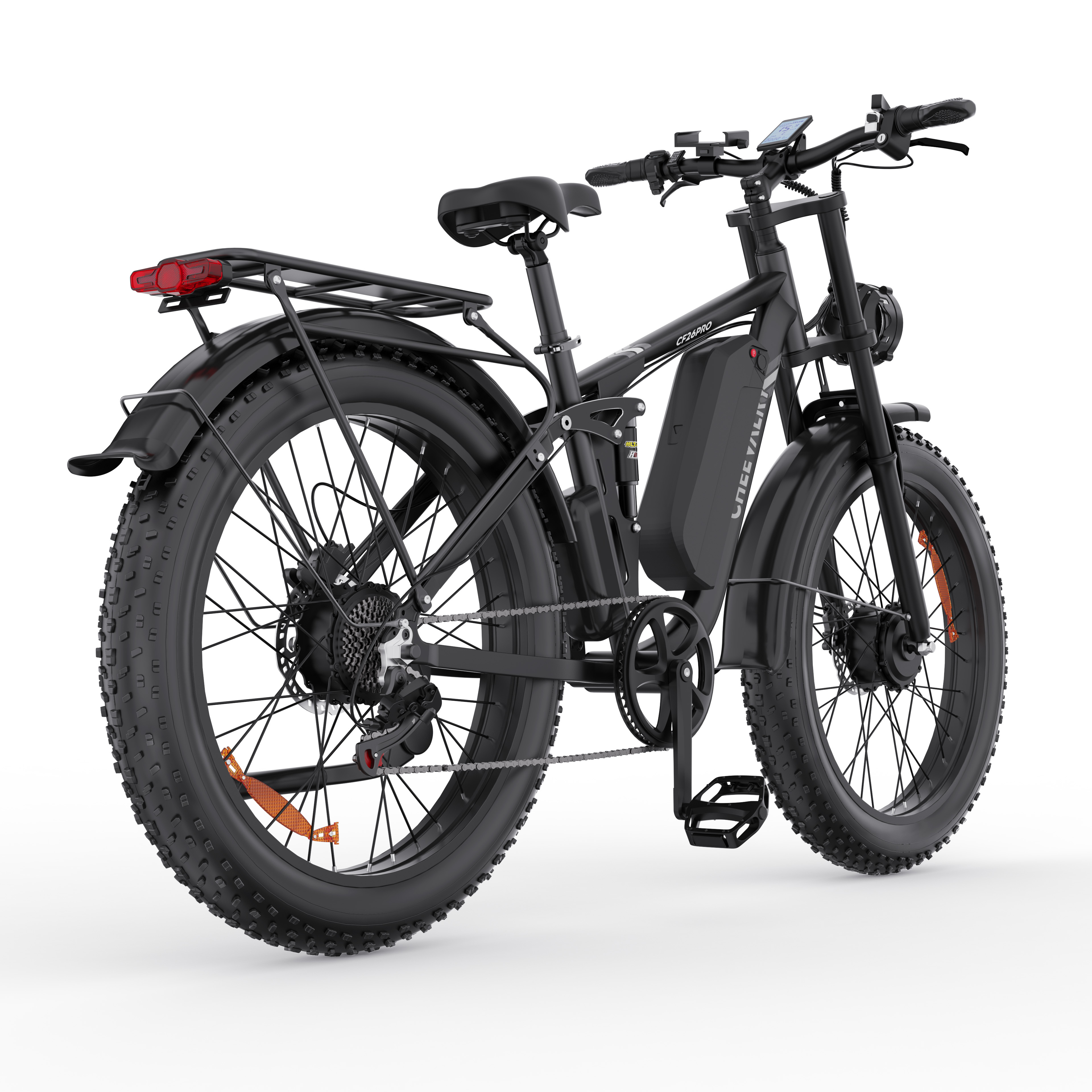 Czarny rower elektryczny z szerokimi oponami, bagażnikiem i wyświetlaczem.