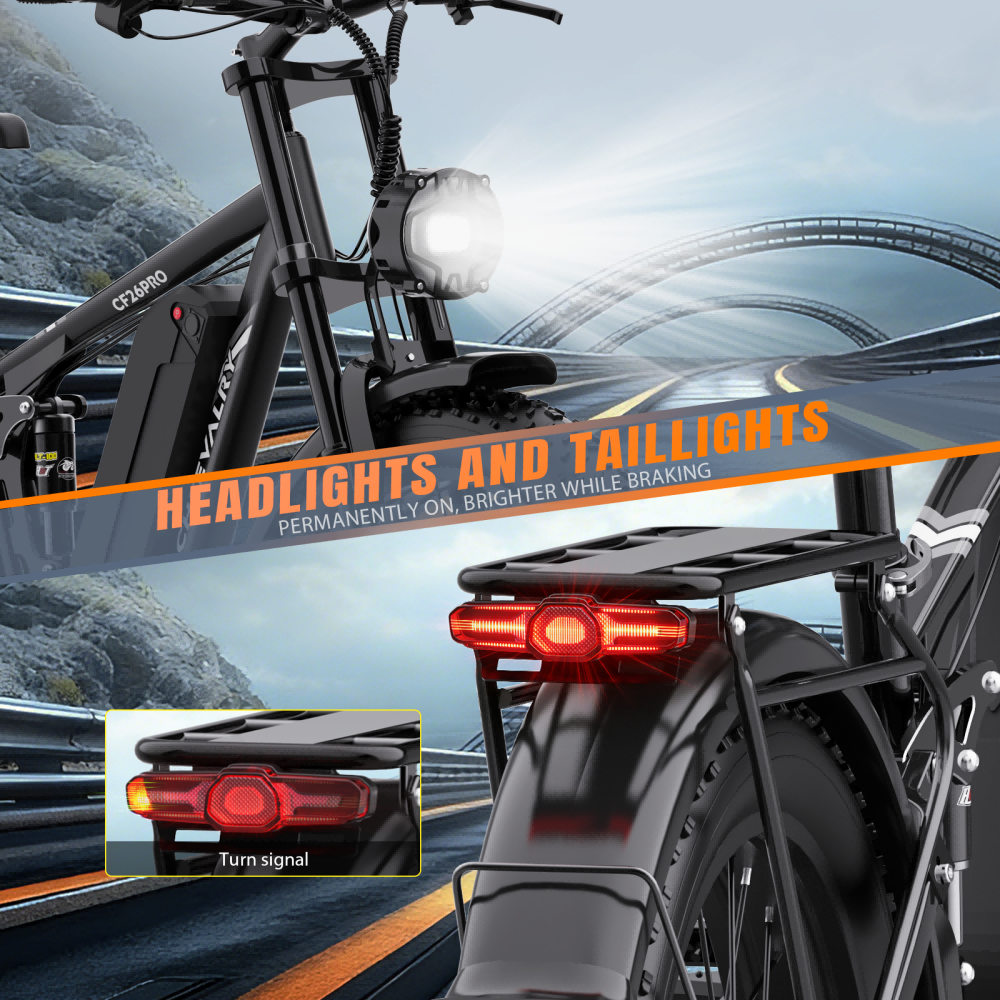 Czarny rower elektryczny ze świecącym reflektorem i światłem tylnym. Droga w tle.