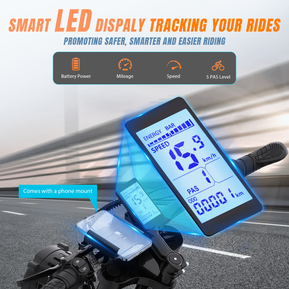 Wyświetlacz roweru elektrycznego: prędkość, bateria, dystans. Uchwyt na telefon.