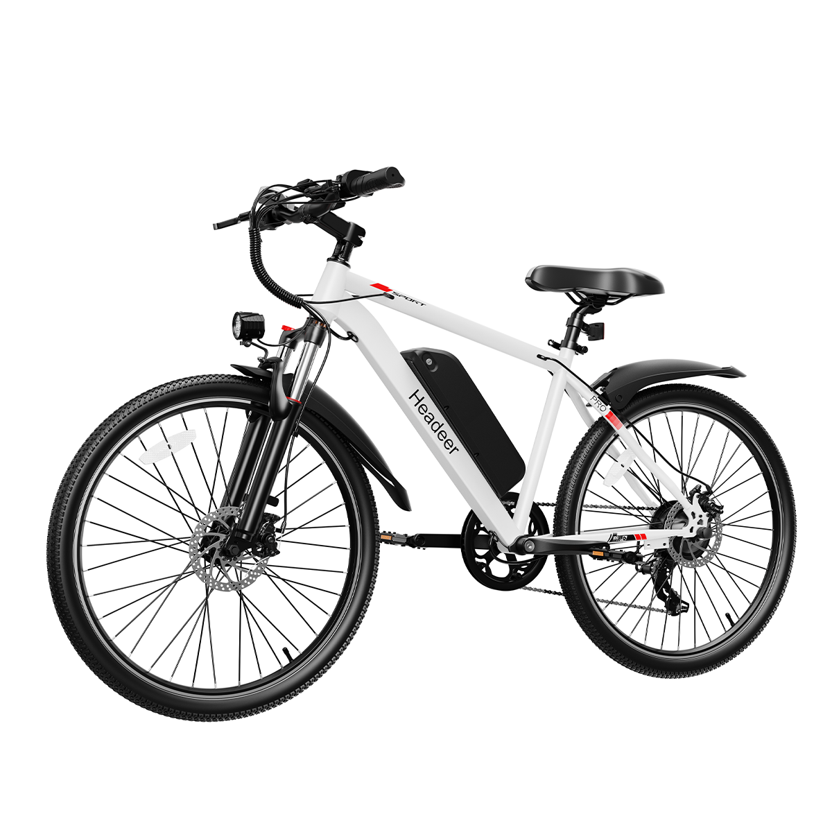 Biały rower elektryczny z czarnymi akcentami, na białym tle.