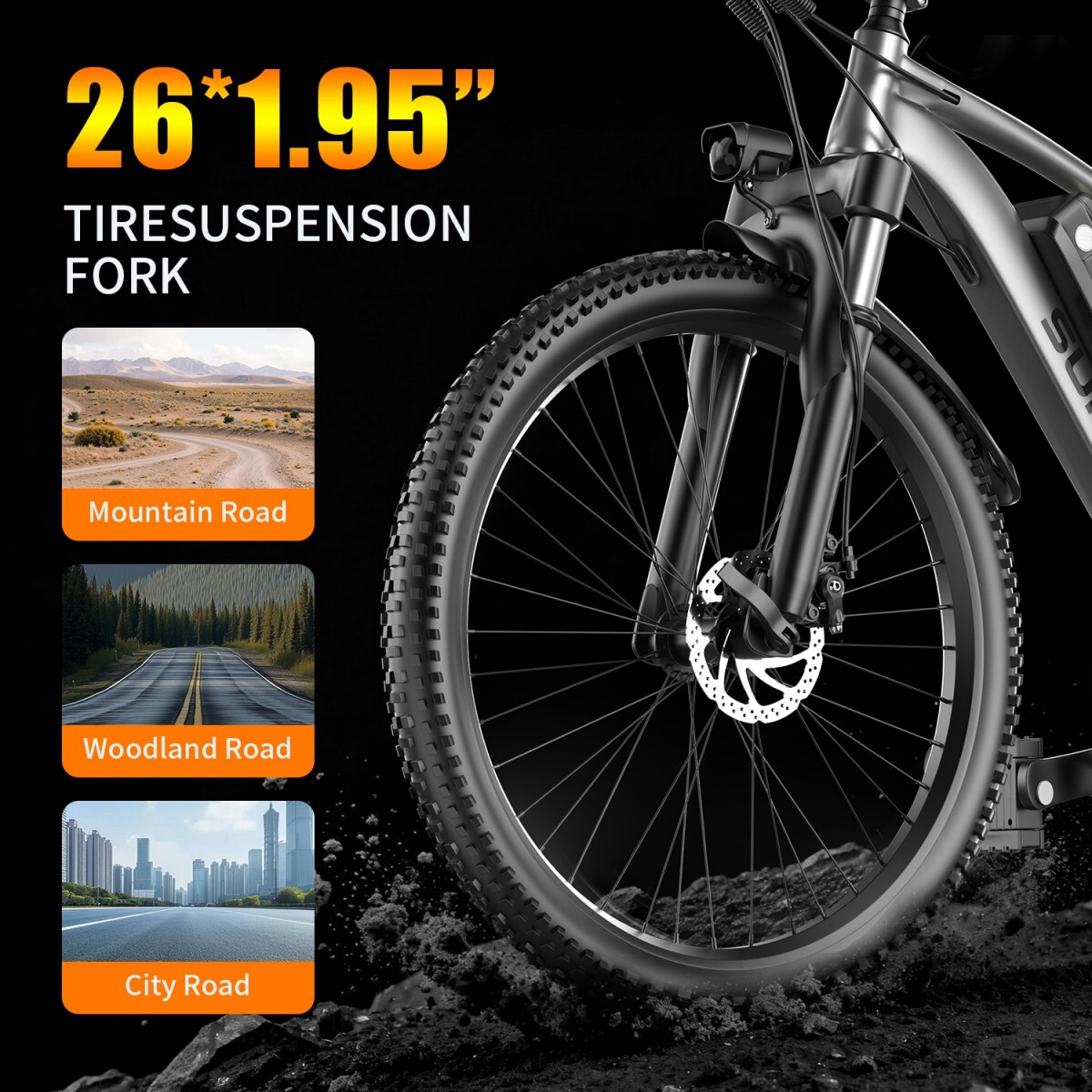 Przednia opona roweru elektrycznego i amortyzator, ze zdjęciami dróg.