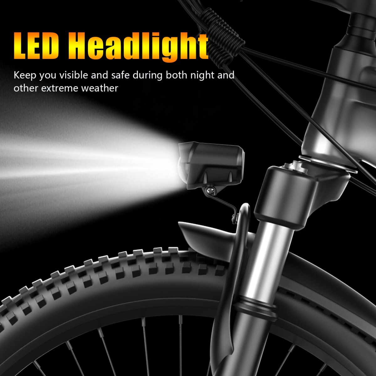 Rowerowa lampka LED świeci jasno na czarnym tle.