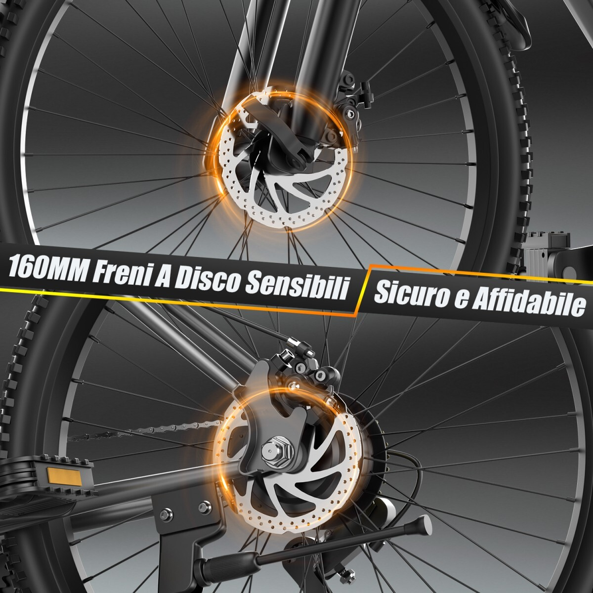 Zbliżenie hamulców tarczowych roweru, wyeksponowane koła przednie i tylne.