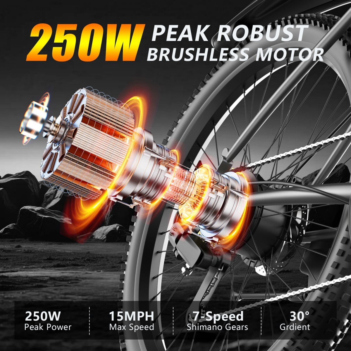 Silnik piasty 250W z podświetlanymi akcentami, koło rowerowe i specyfikacje.