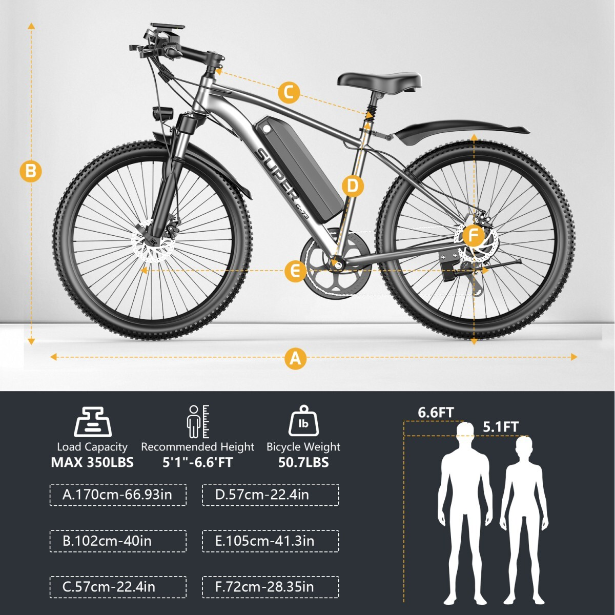 Srebrny rower elektryczny z etykietami i wymiarami dla rozmiaru, wagi i ładowności.
