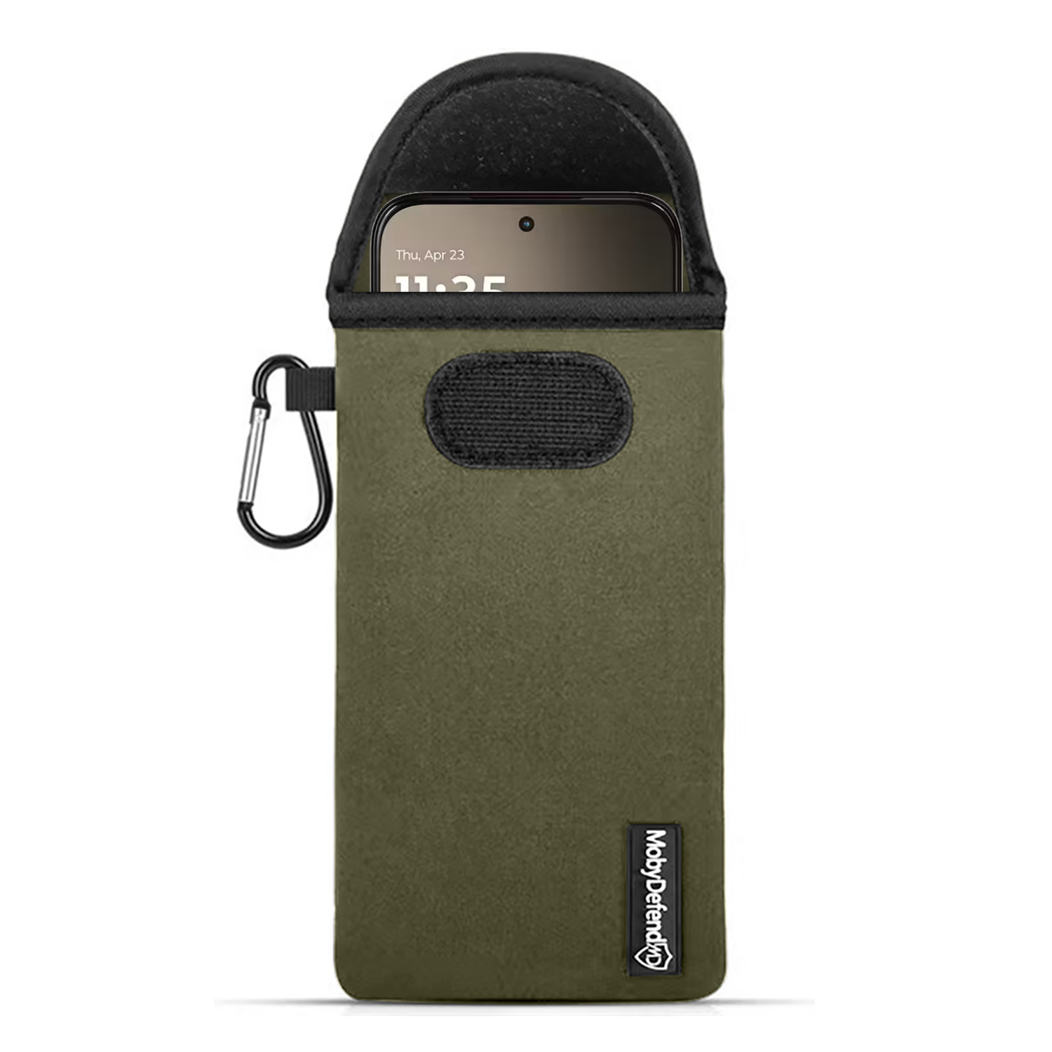 Groene telefoonhoes met karabijnhaak en telefoon erin.
