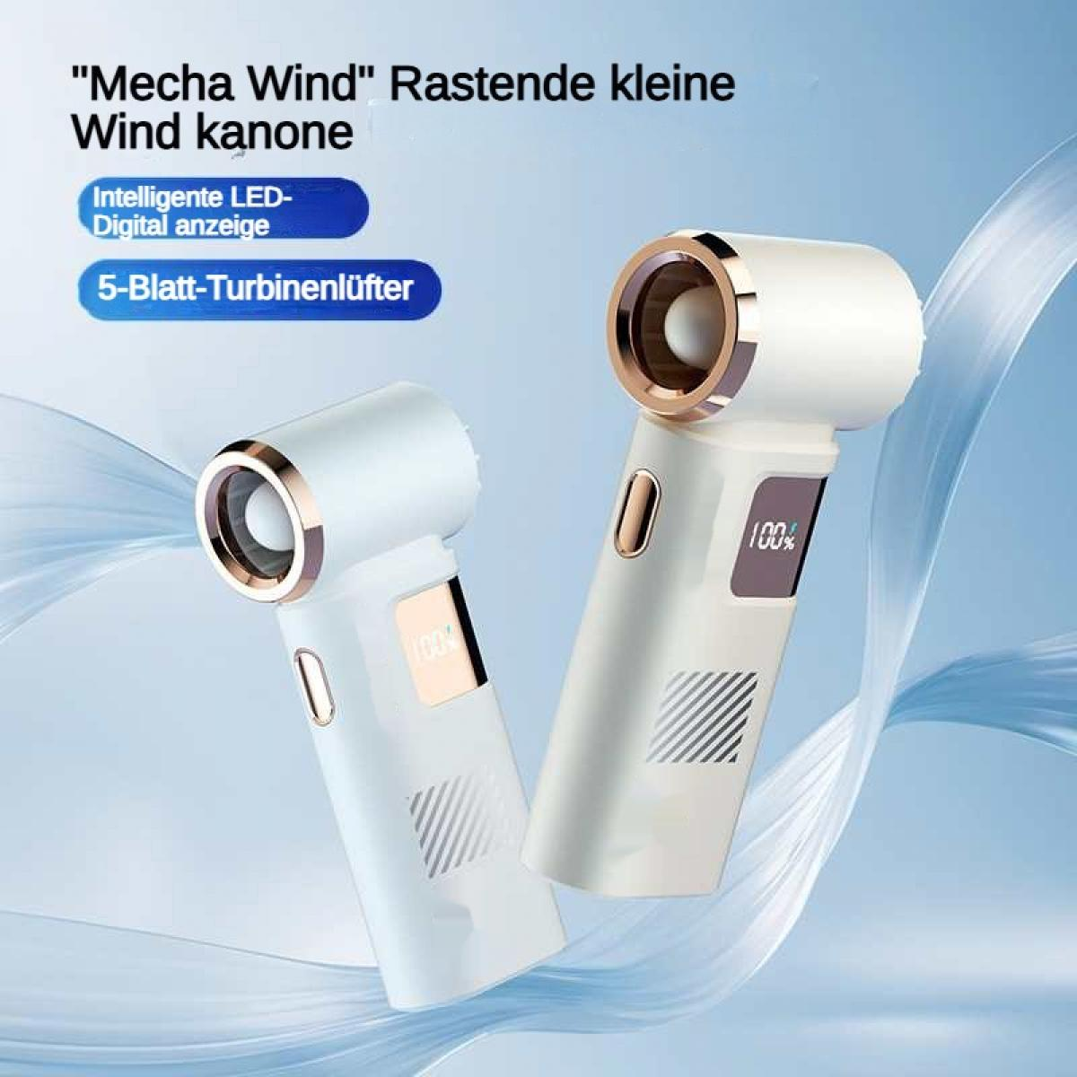 Zwei weiße Handventilatoren mit goldenen Akzenten und Digitalanzeige.