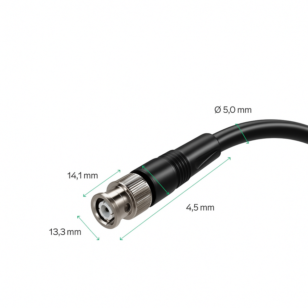 Boyutları 13,3mm, 14,1mm, 4,5mm ve 5,0mm olan BNC konektör.
