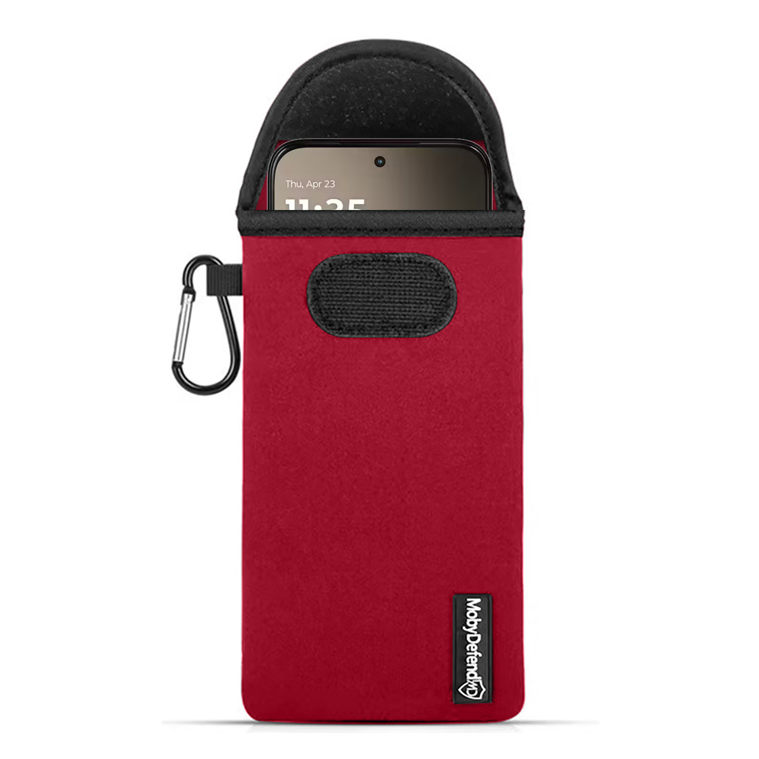Rood telefoonhoesje met karabijnhaak en klittenband. Smartphone-scherm zichtbaar.
