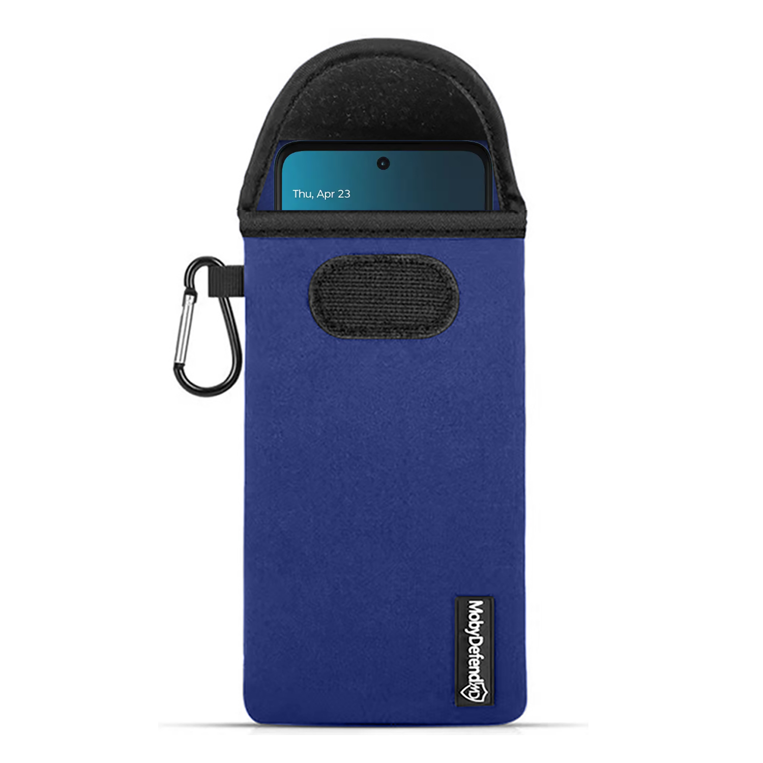 Étui de téléphone bleu avec mousqueton et écran visible.