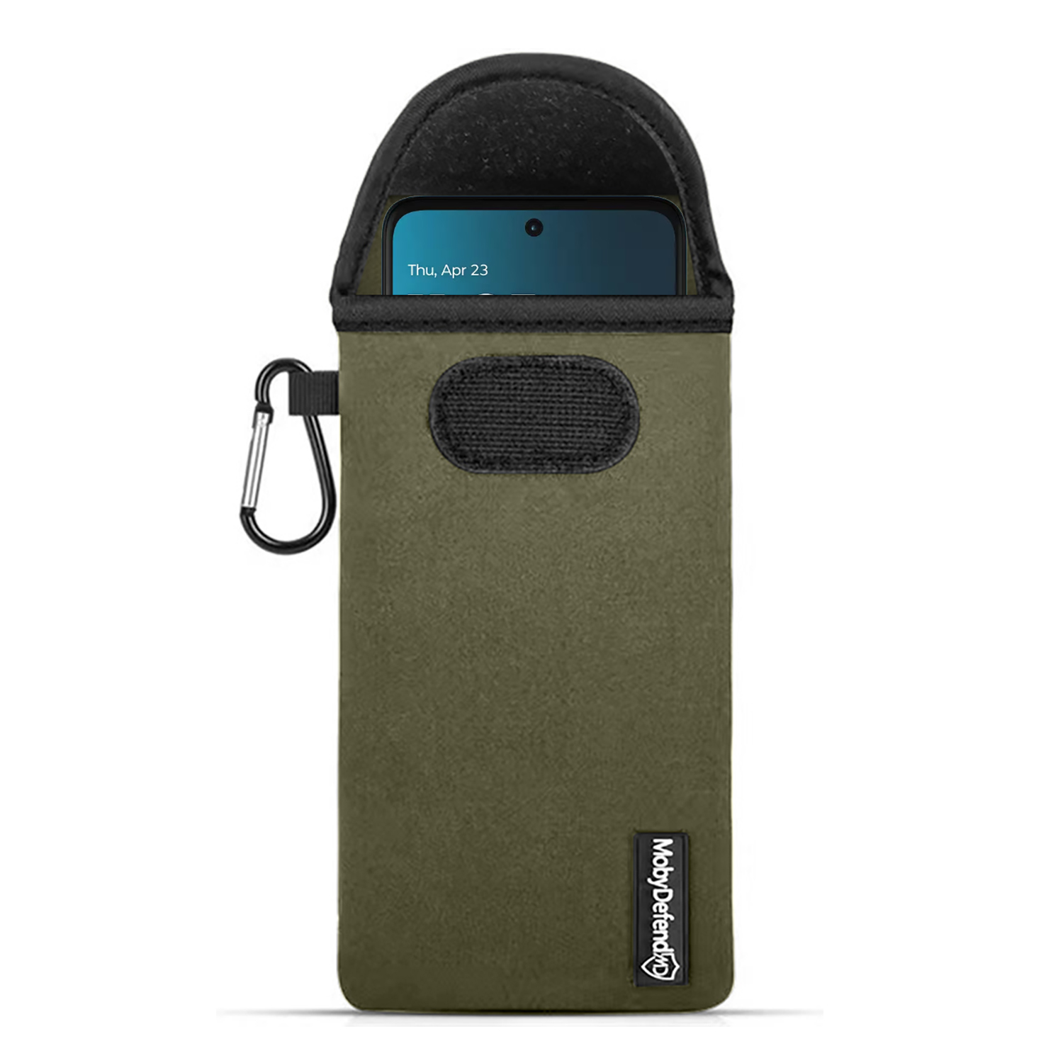 Pochette verte pour téléphone avec mousqueton et écran de smartphone visible.