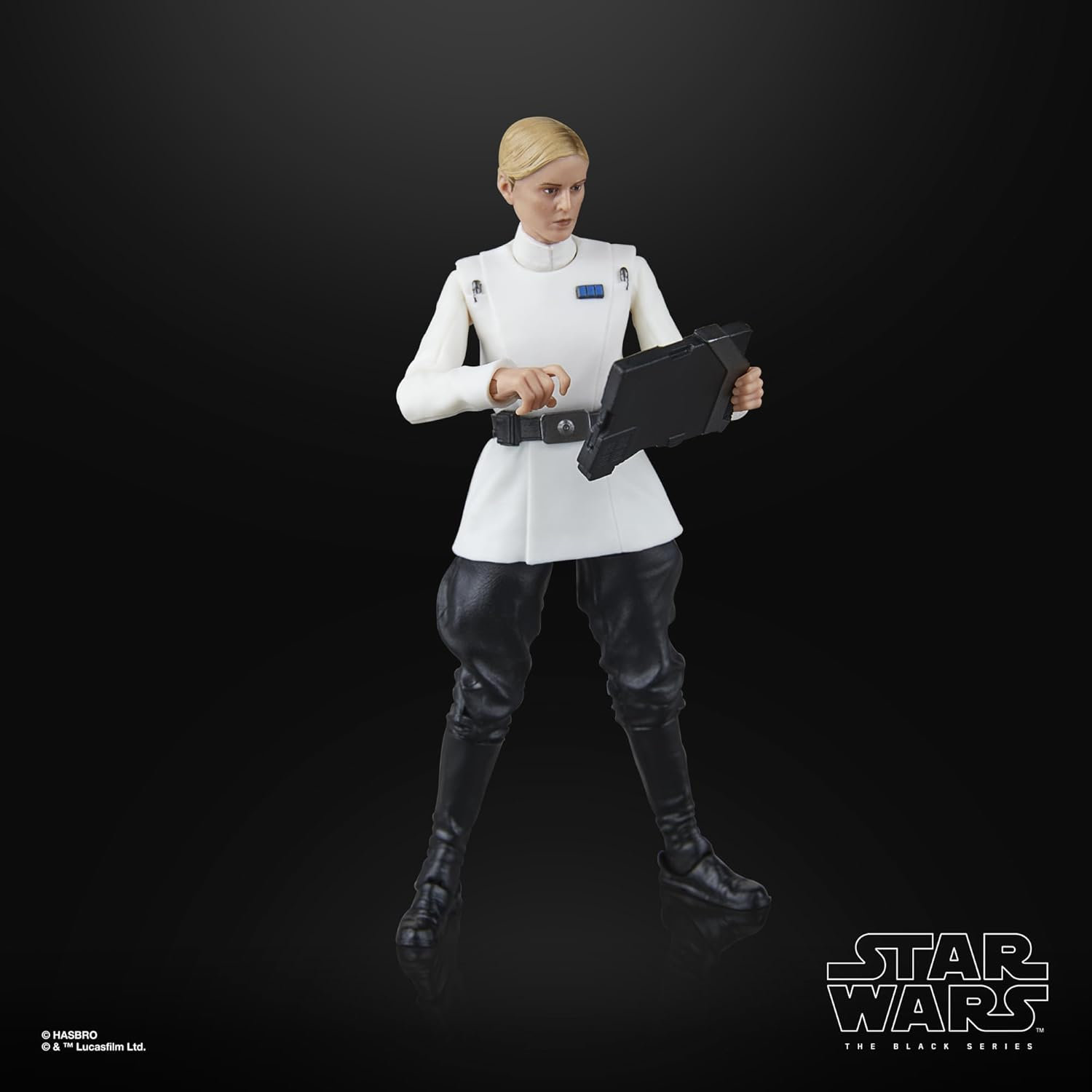 Action figure di Star Wars in uniforme bianca con tablet nero. Pantaloni e stivali neri.