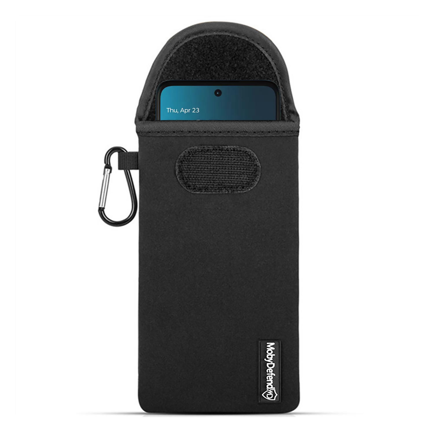 Pochette noire pour téléphone avec mousqueton, smartphone visible en haut.