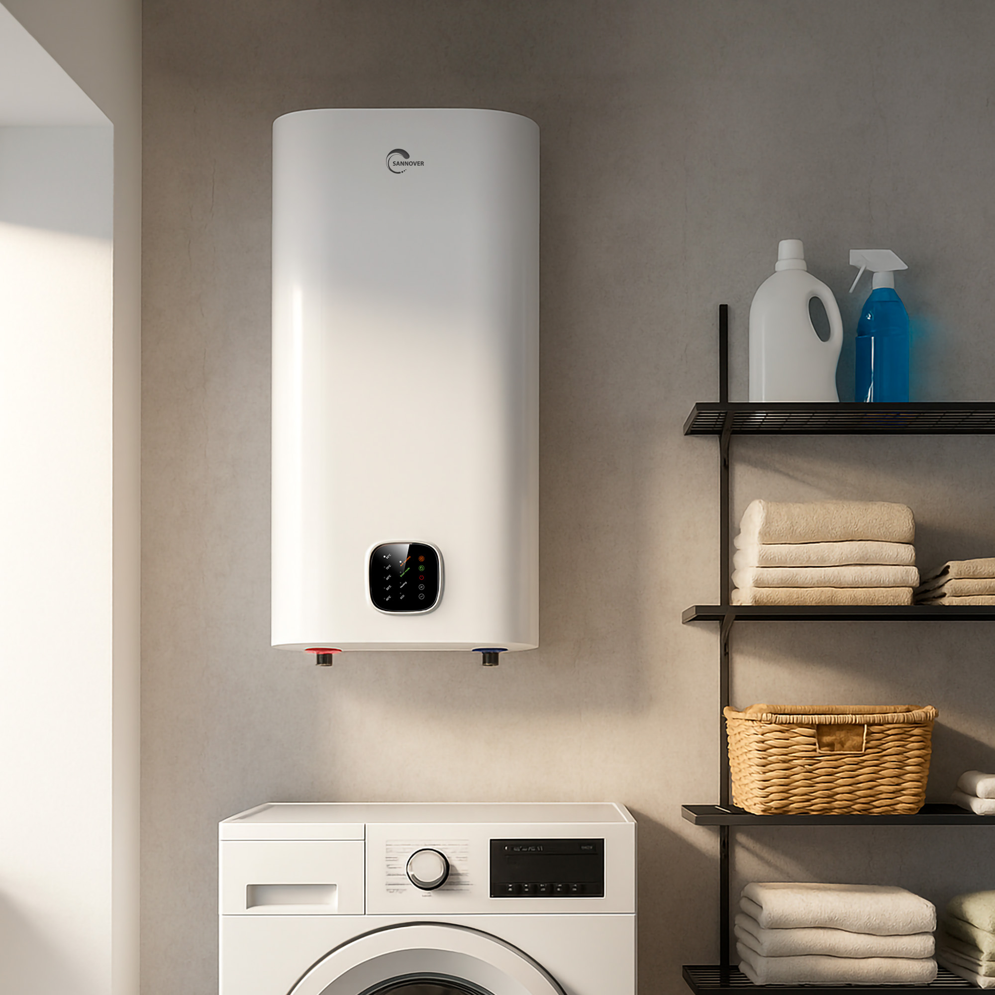 Ein weißer Boiler über einer Waschmaschine. Daneben Regale mit Handtüchern und Reinigungsmitteln.