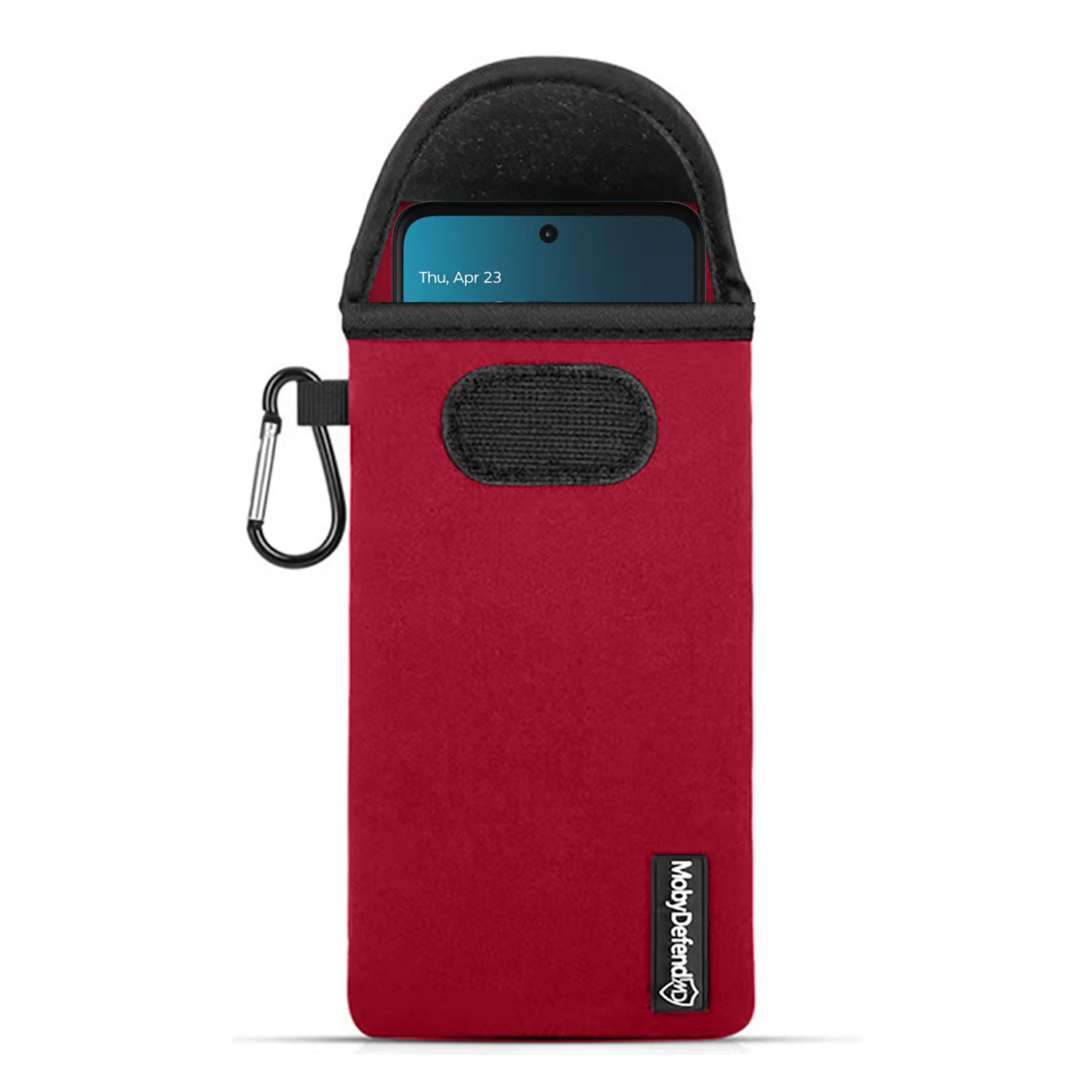 Pochette téléphone rouge avec mousqueton et bordure noire. Date affichée.