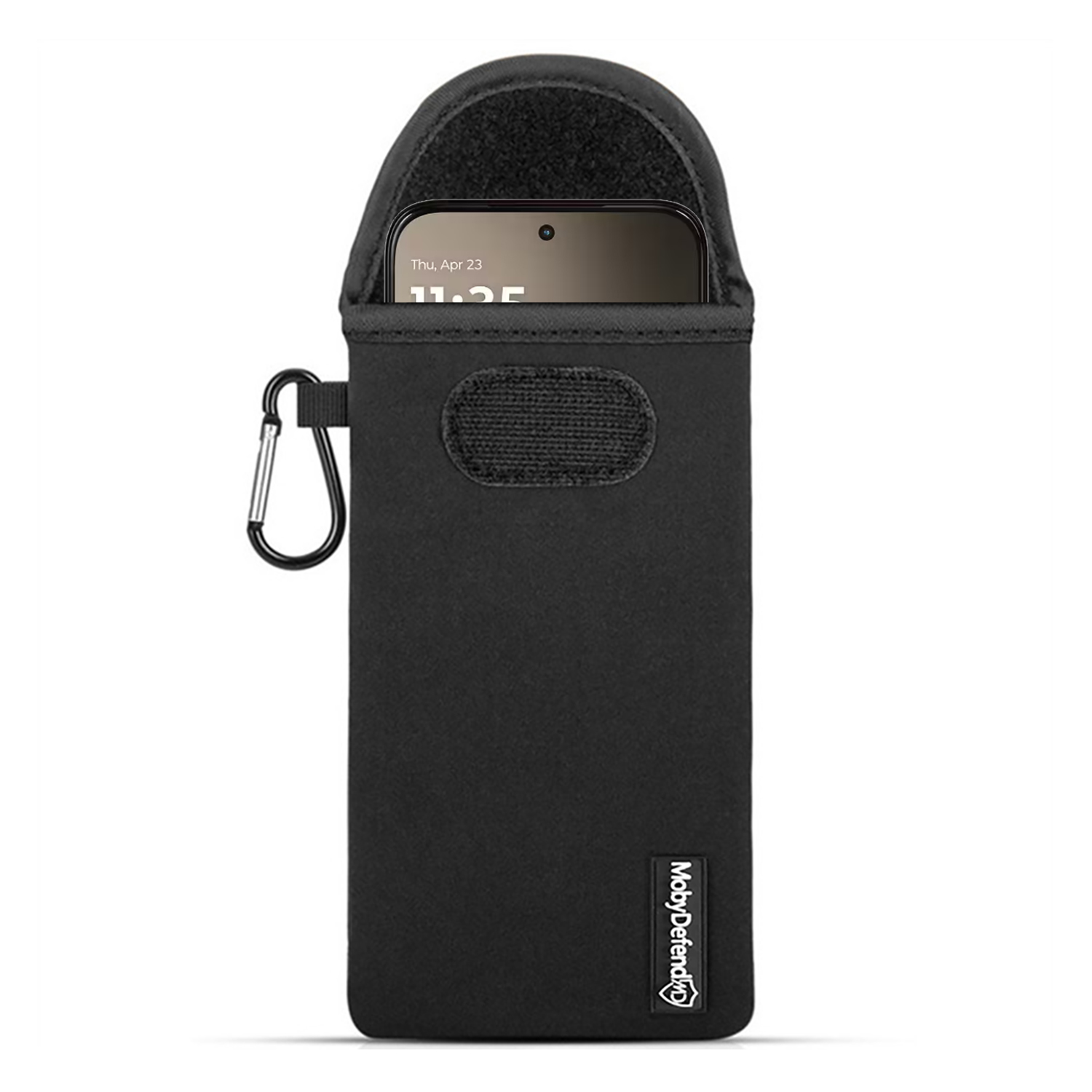 Zwarte telefoonhoes met karabijnhaak en klittenband. Toont 11:25.