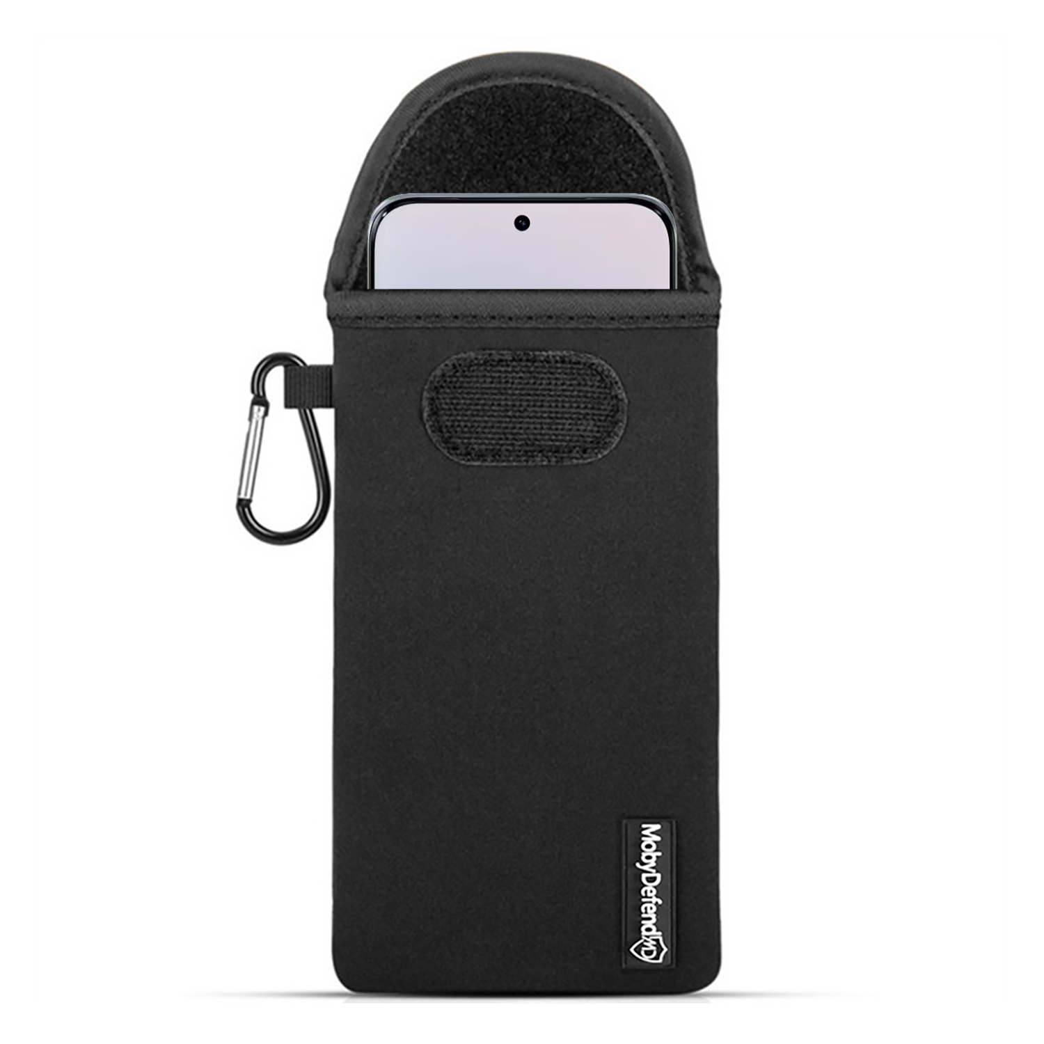 Zwarte telefoonhoes met klittenbandsluiting en karabijn.
