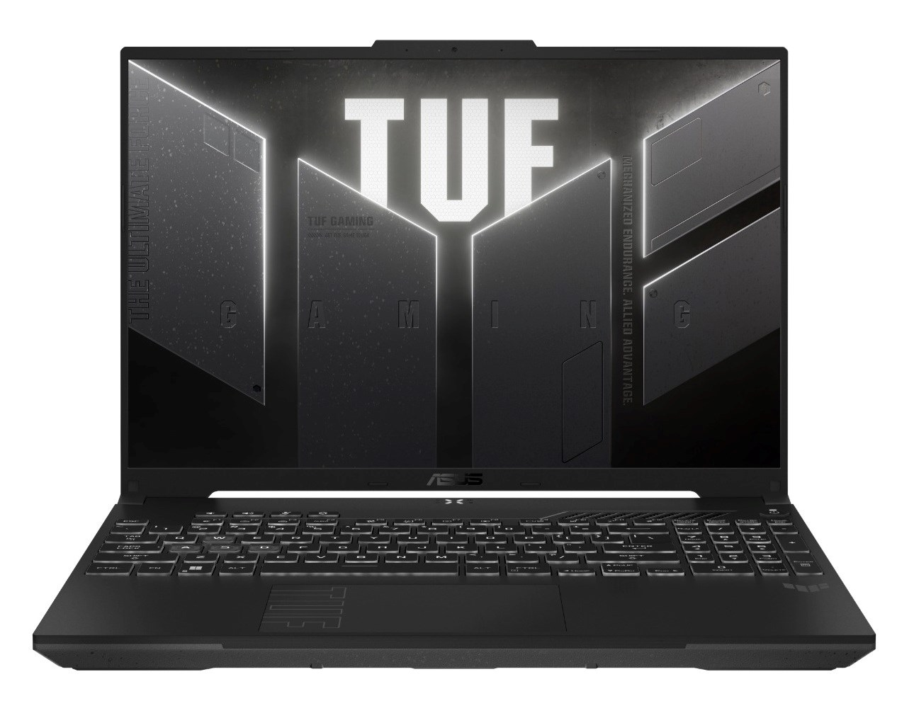 Ekranında TUF logosu bulunan, aydınlatmalı klavyeli siyah Asus oyuncu dizüstü bilgisayarı.