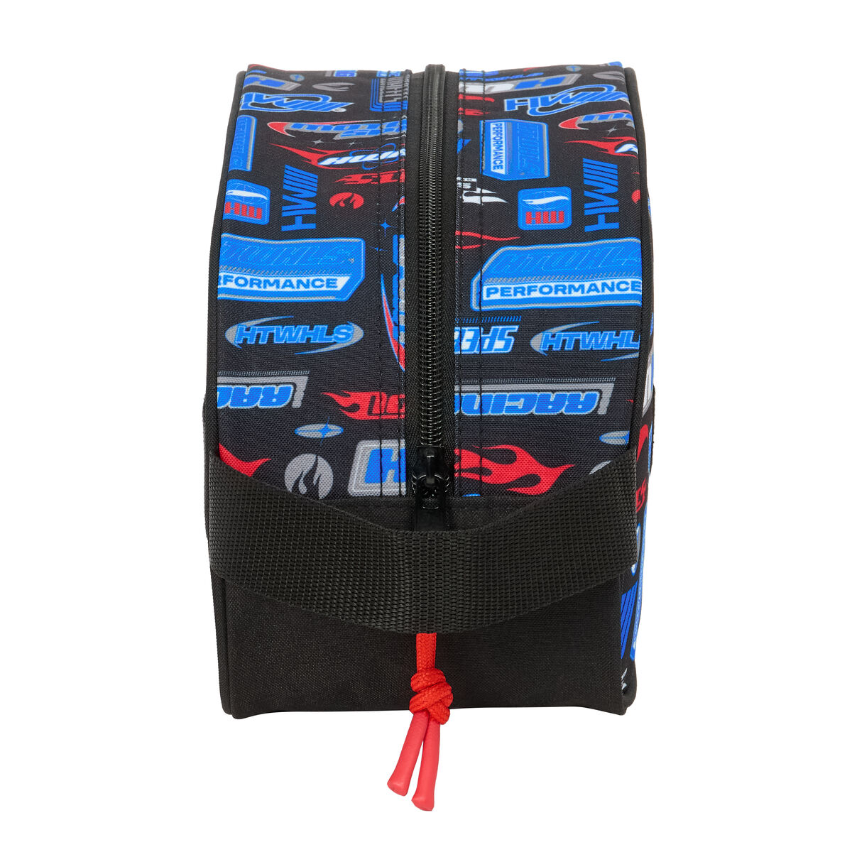 Schwarze Tasche mit Rennsport-Aufdruck in Blau und Rot, Reißverschluss und rotem Band.