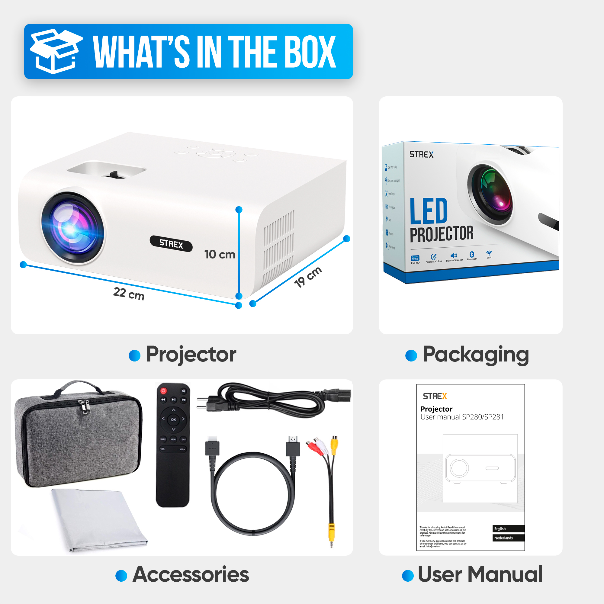 La boîte contient un projecteur, des accessoires et un manuel.