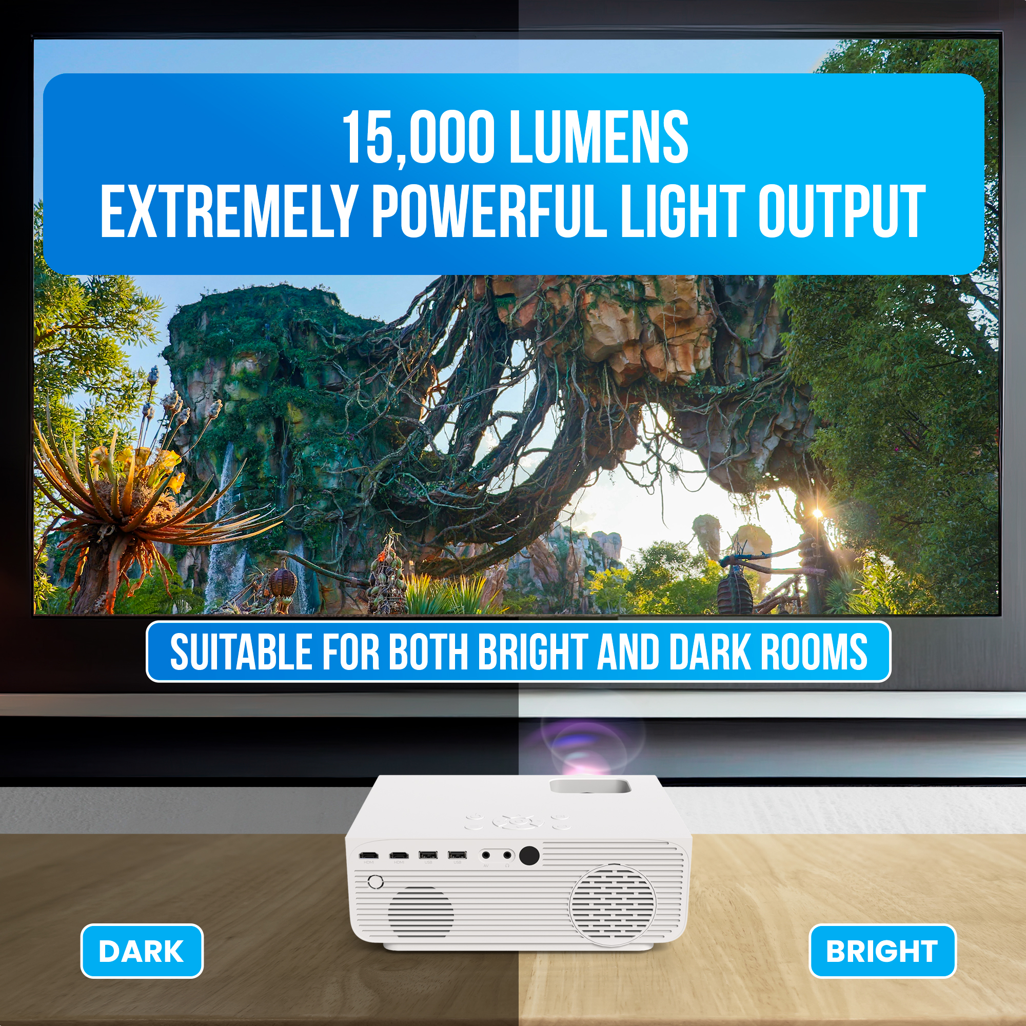 Un projecteur blanc sur une table en bois avec un écran montrant un paysage de jungle.